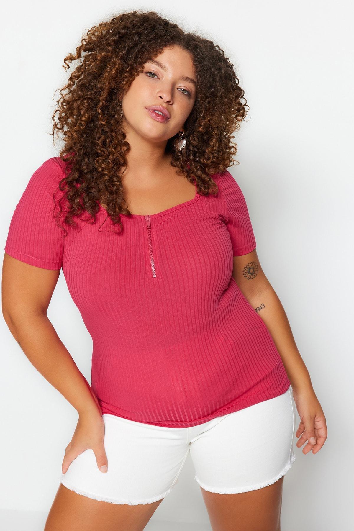 Pink Square Collar Plus Size Blouse, , large image number 1