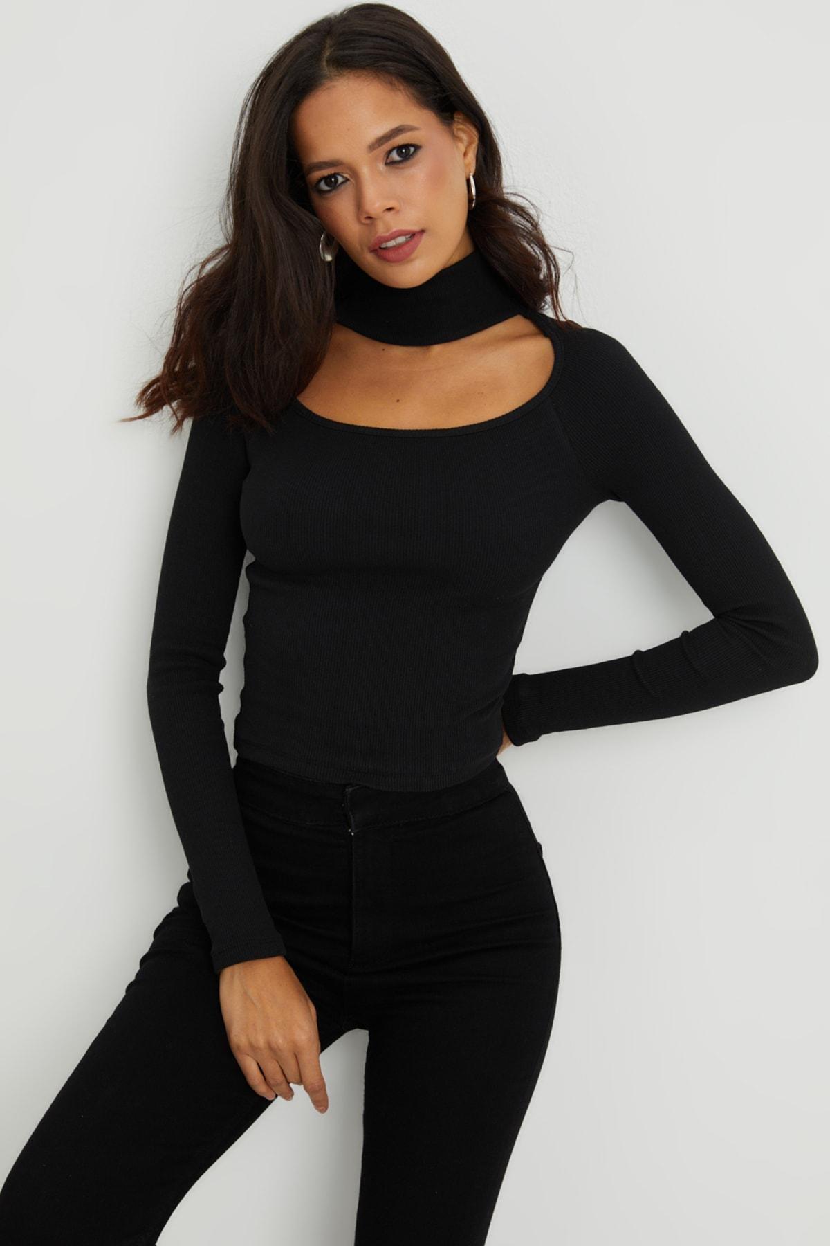 Black Choker High Neck Basic Top, , large image number 0