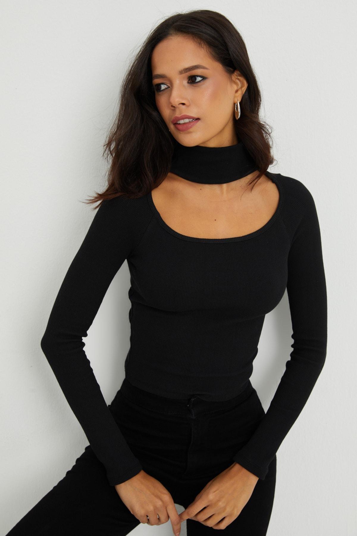 Black Choker High Neck Basic Top, , large image number 1