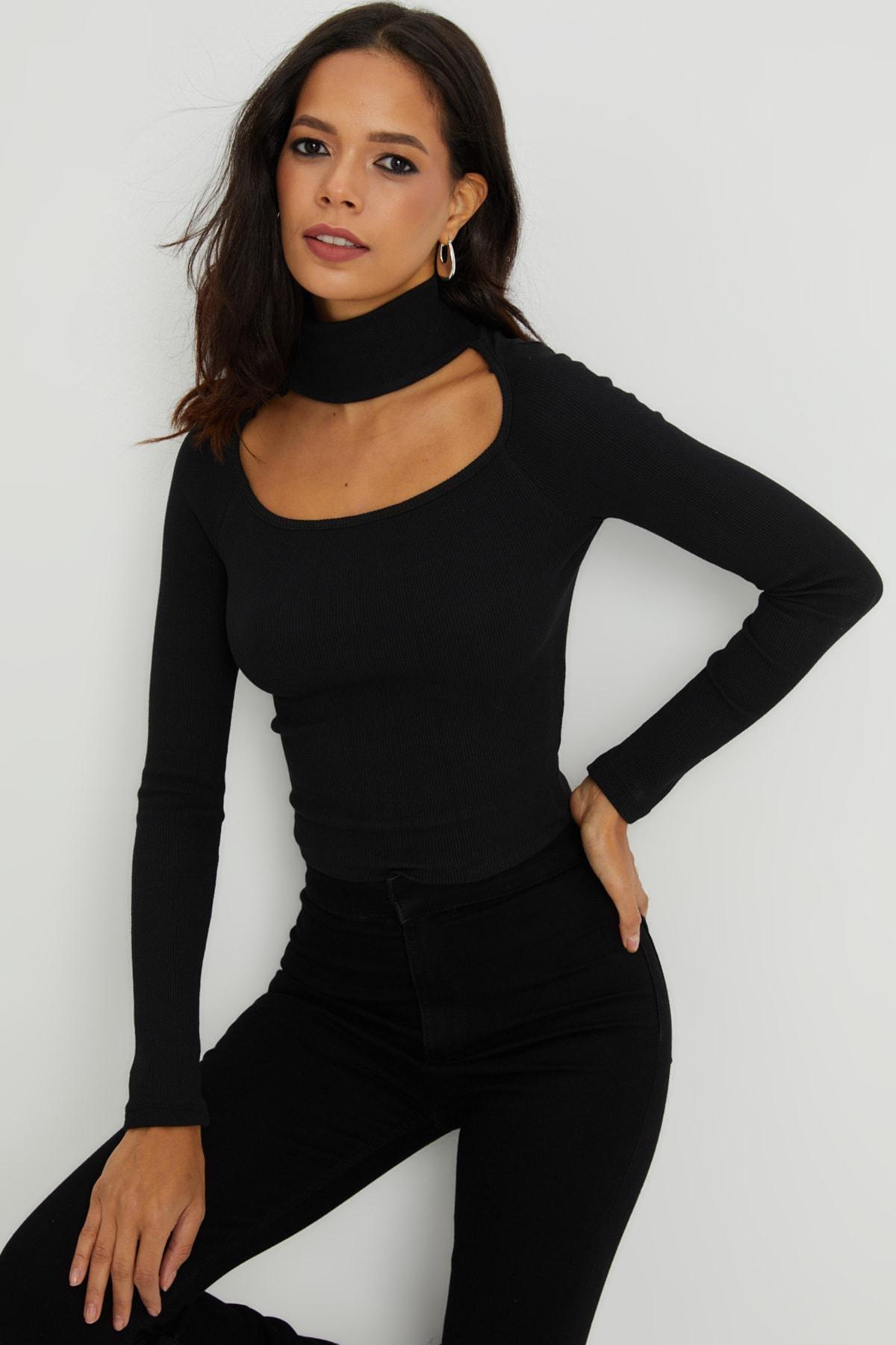 Black Choker High Neck Basic Top, , large image number 2