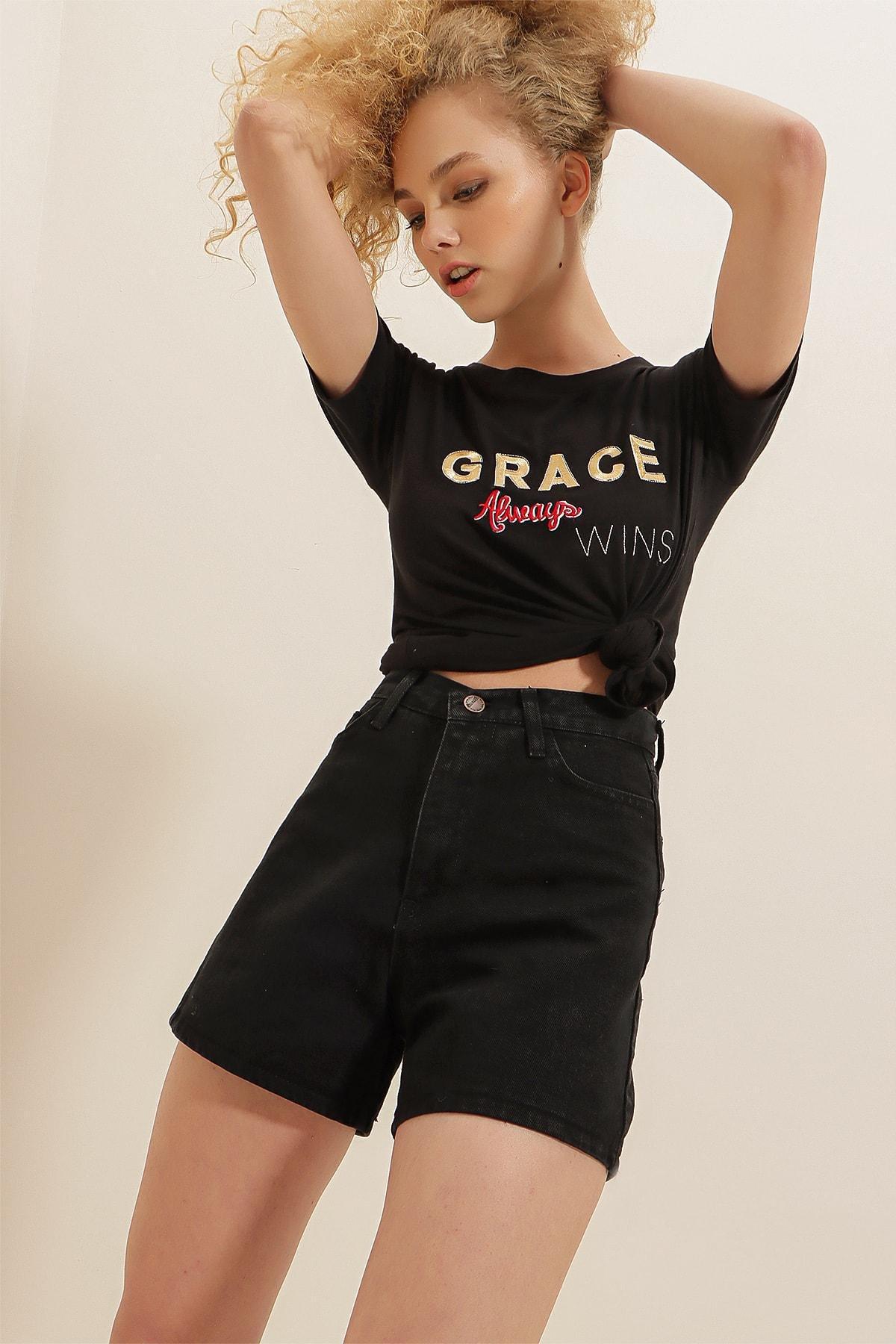 Black High Waist Slim Cotton Shorts, , large image number 0