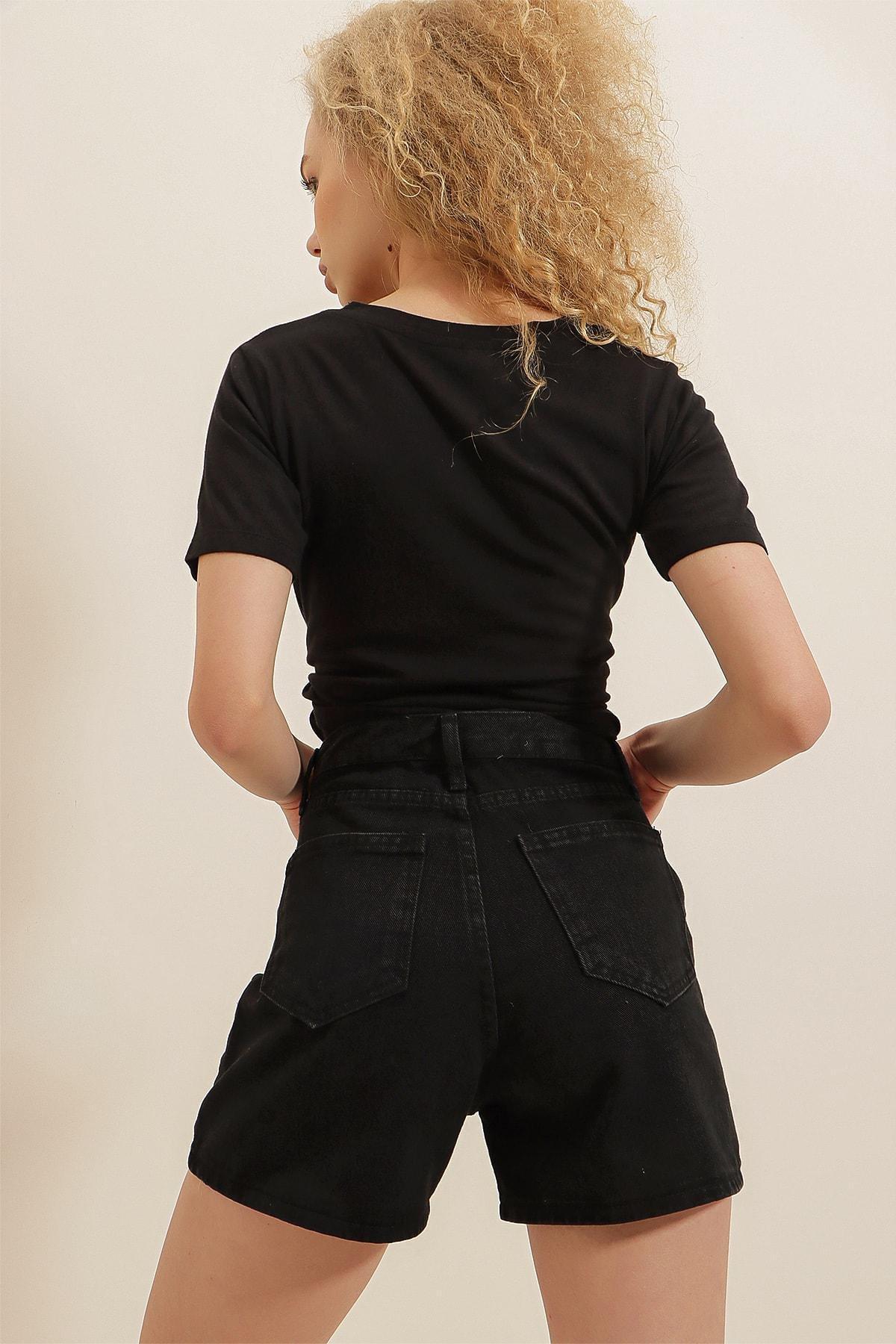 Black High Waist Slim Cotton Shorts, , large image number 4