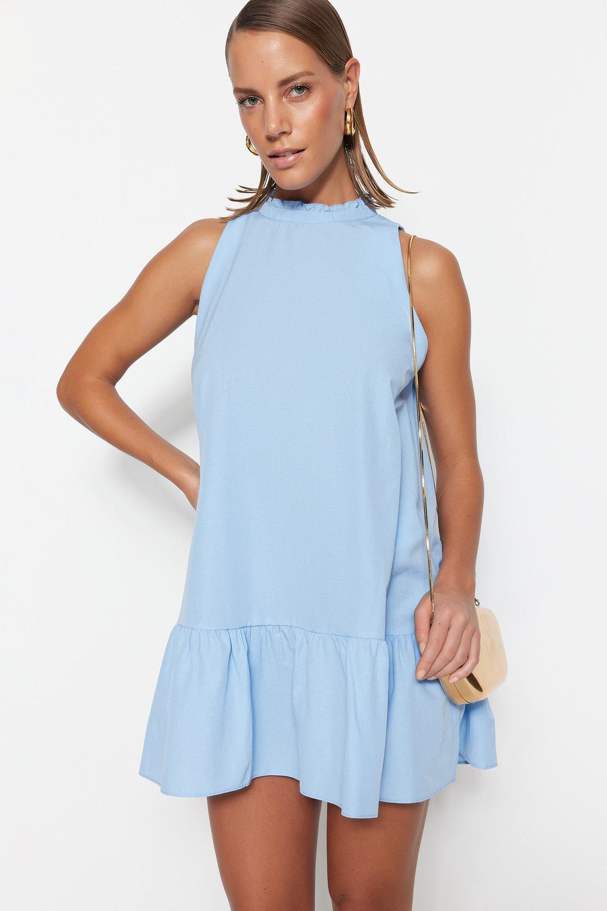 Blue Standing Collar Shift Dress, , large image number 0