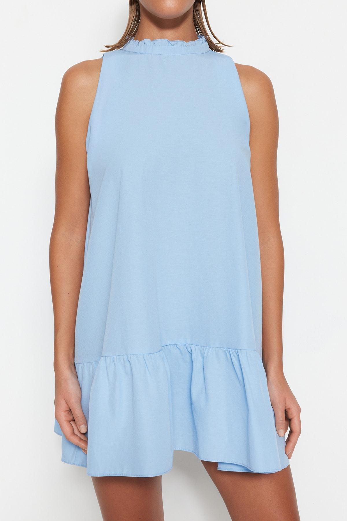 Blue Standing Collar Shift Dress, , large image number 1