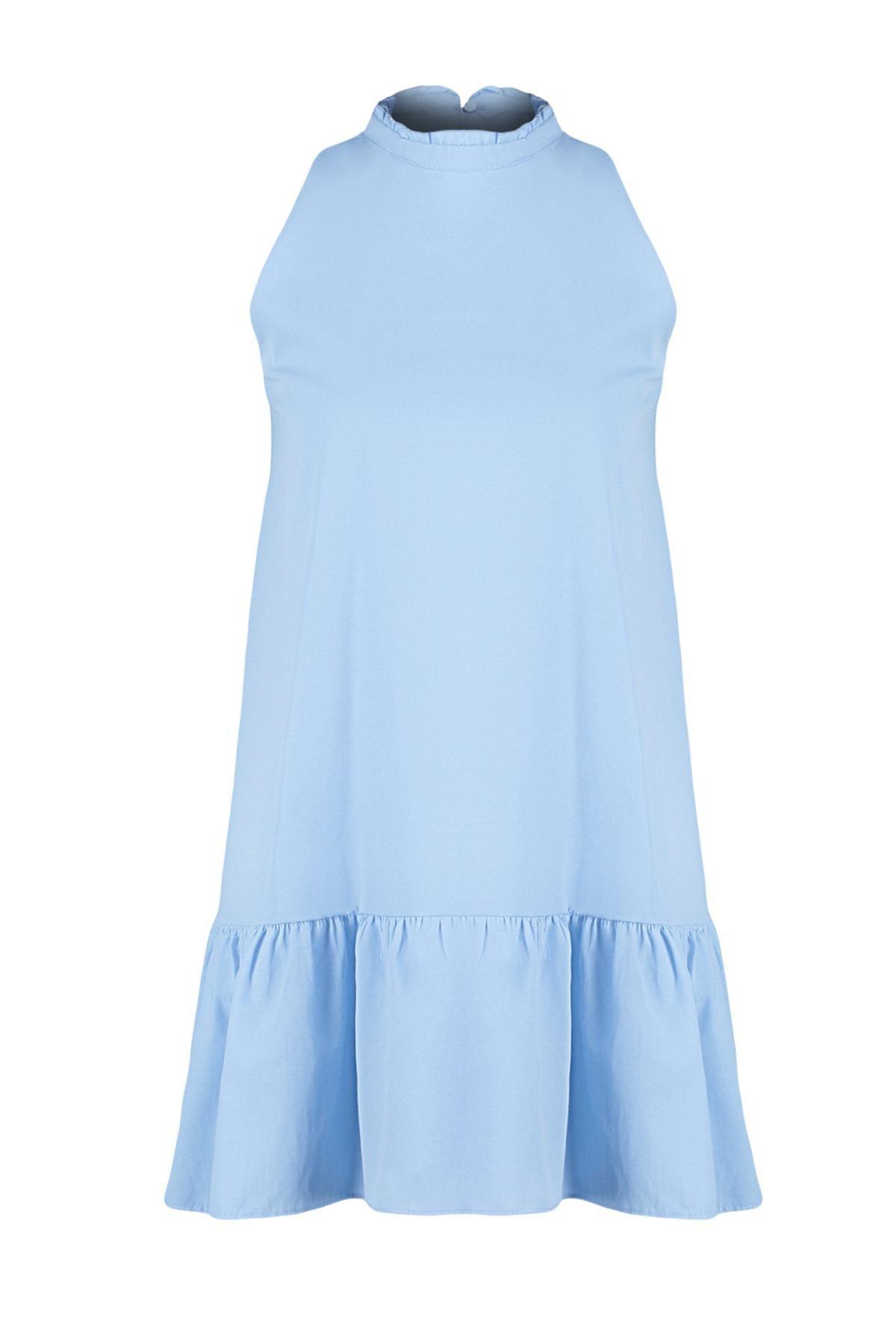 Trendyol - Blue Standing Collar Shift Dress