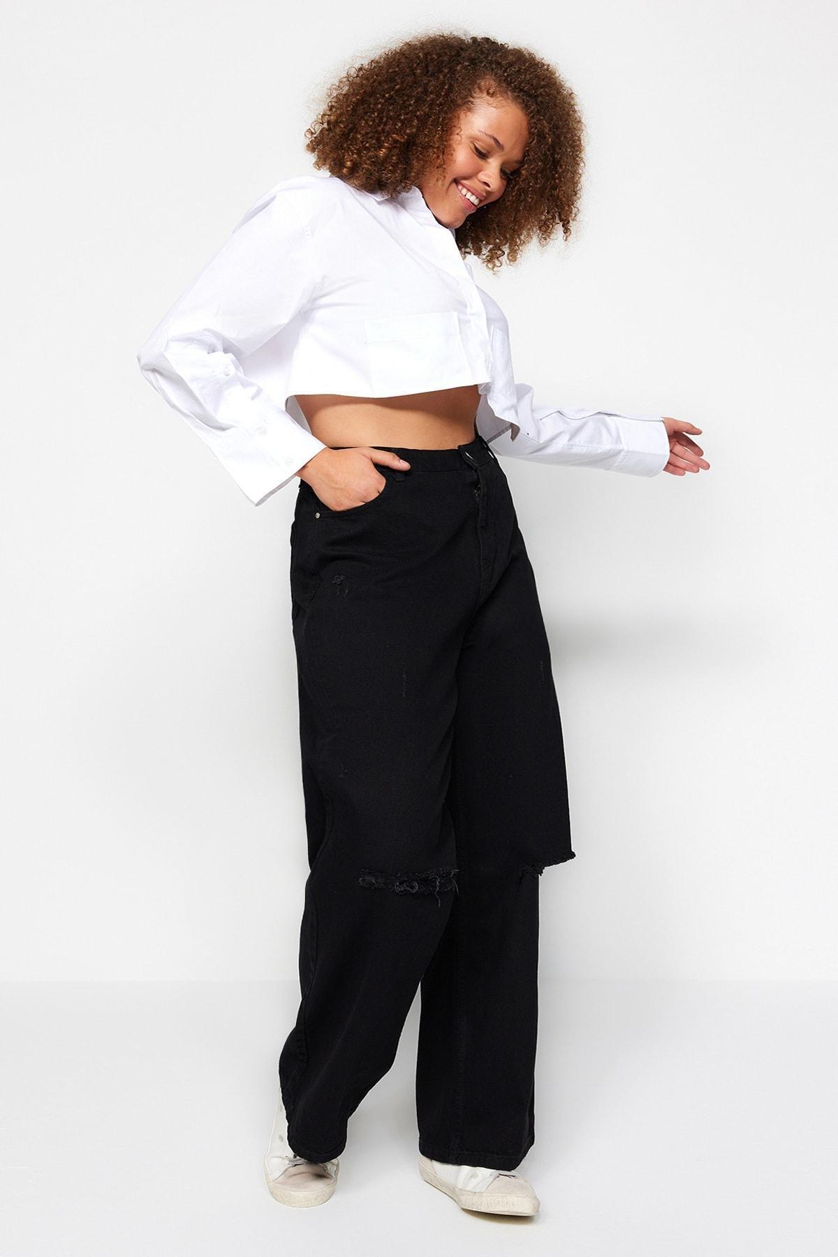 Black Wide Leg Plus Size Jeans, BLACK, large image number 1