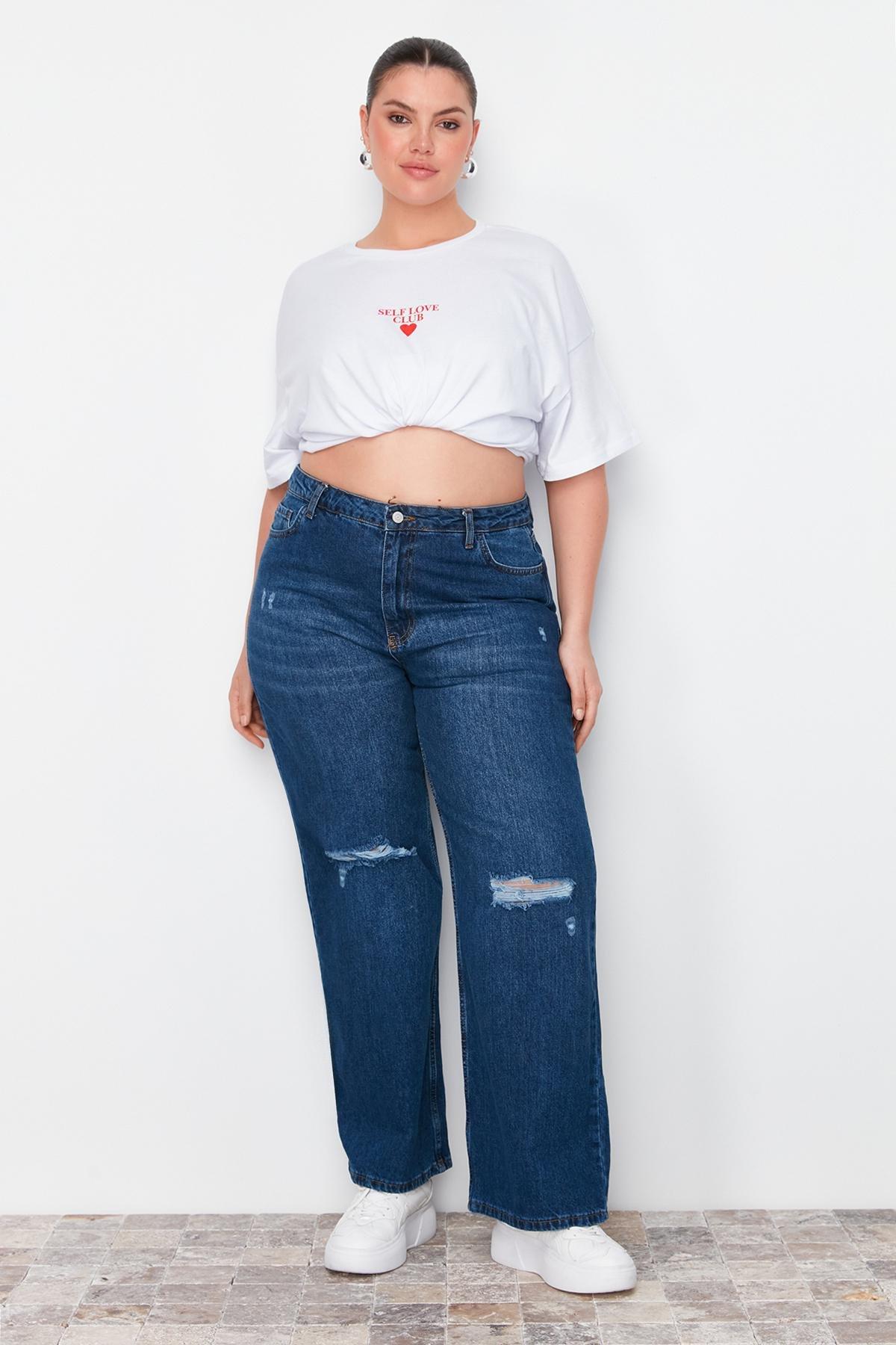 Blue Wide Leg Plus Size Jeans, , large image number 3