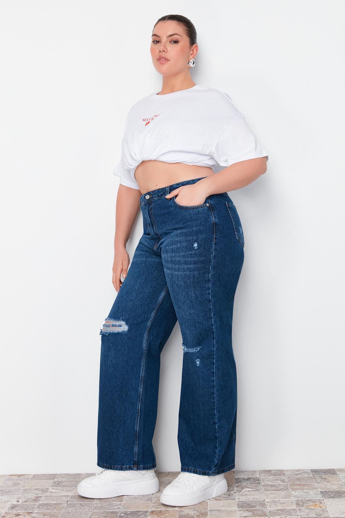 Blue Wide Leg Plus Size Jeans, , large image number 4