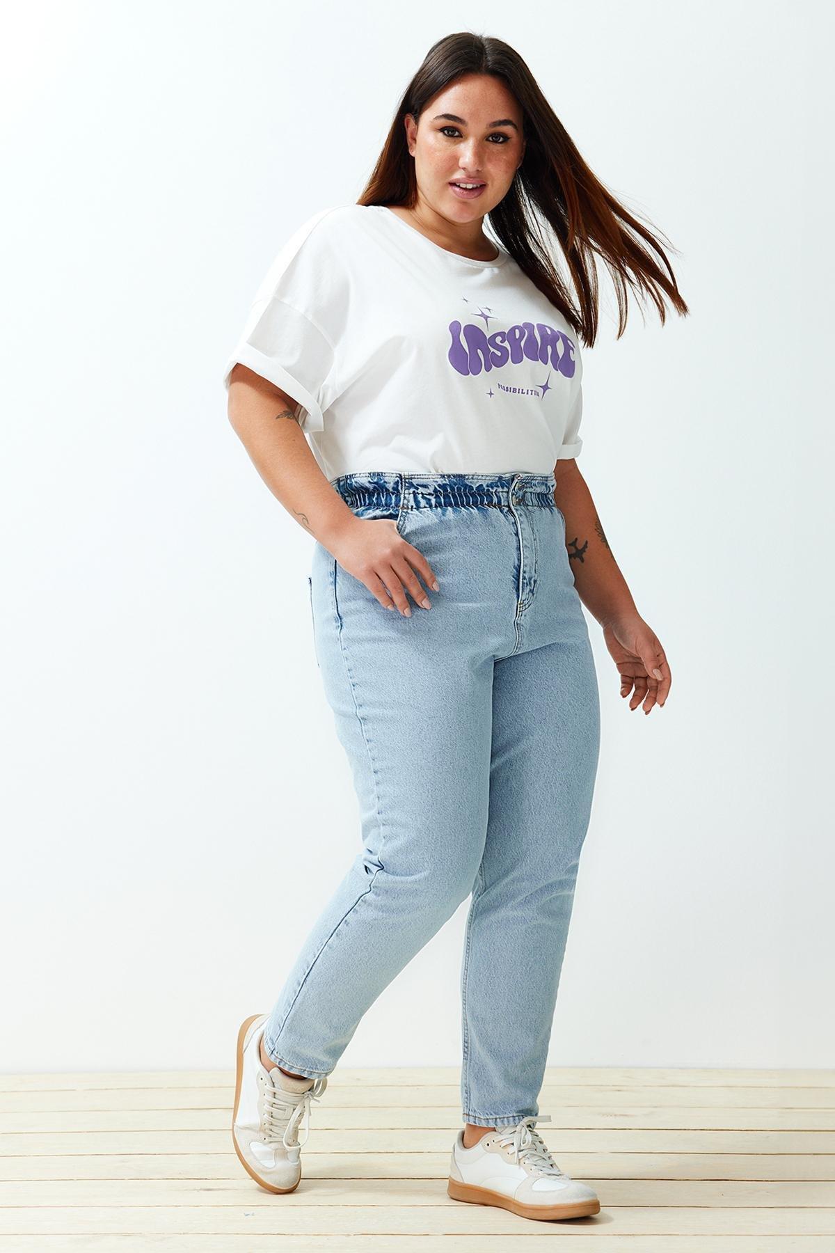 Trendyol - Blue High Waist Mom Plus Size Jeans