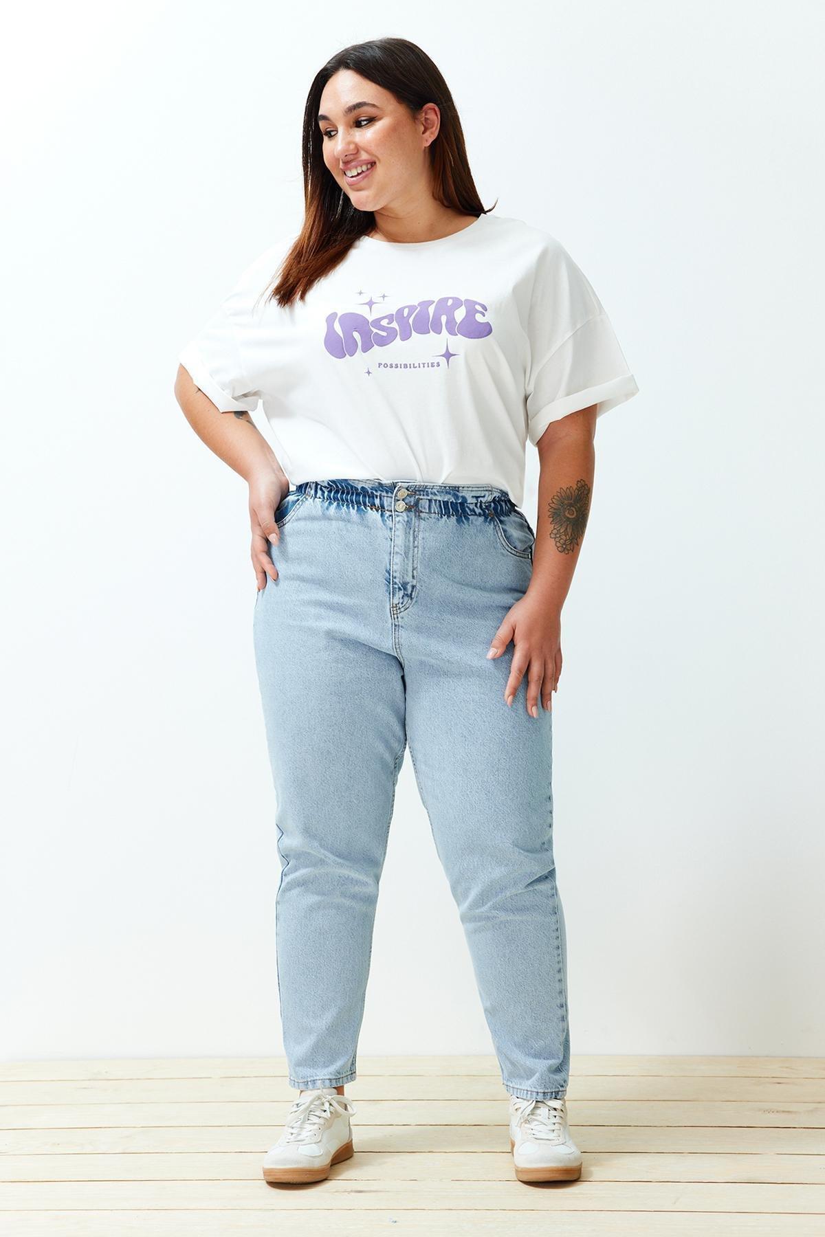 Blue High Waist Mom Plus Size Jeans, , large image number 2