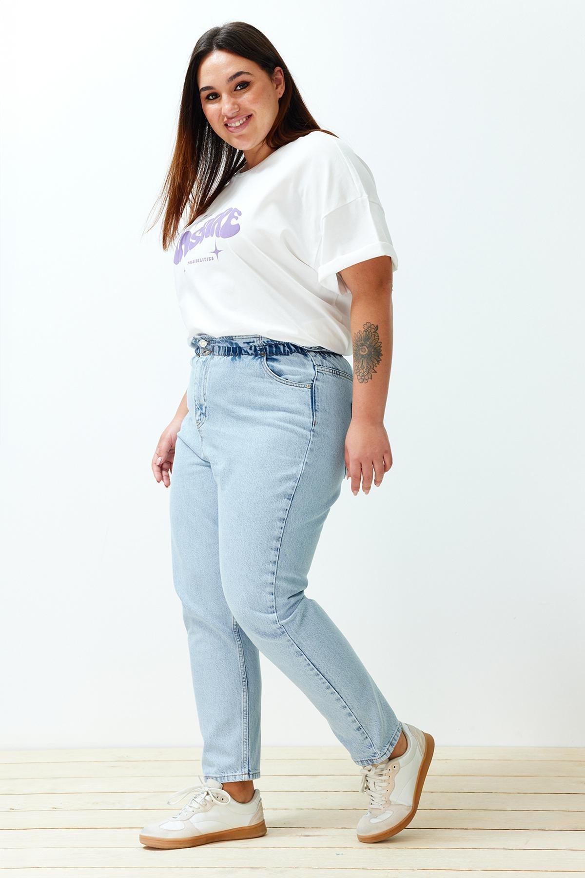 Blue High Waist Mom Plus Size Jeans, , large image number 4