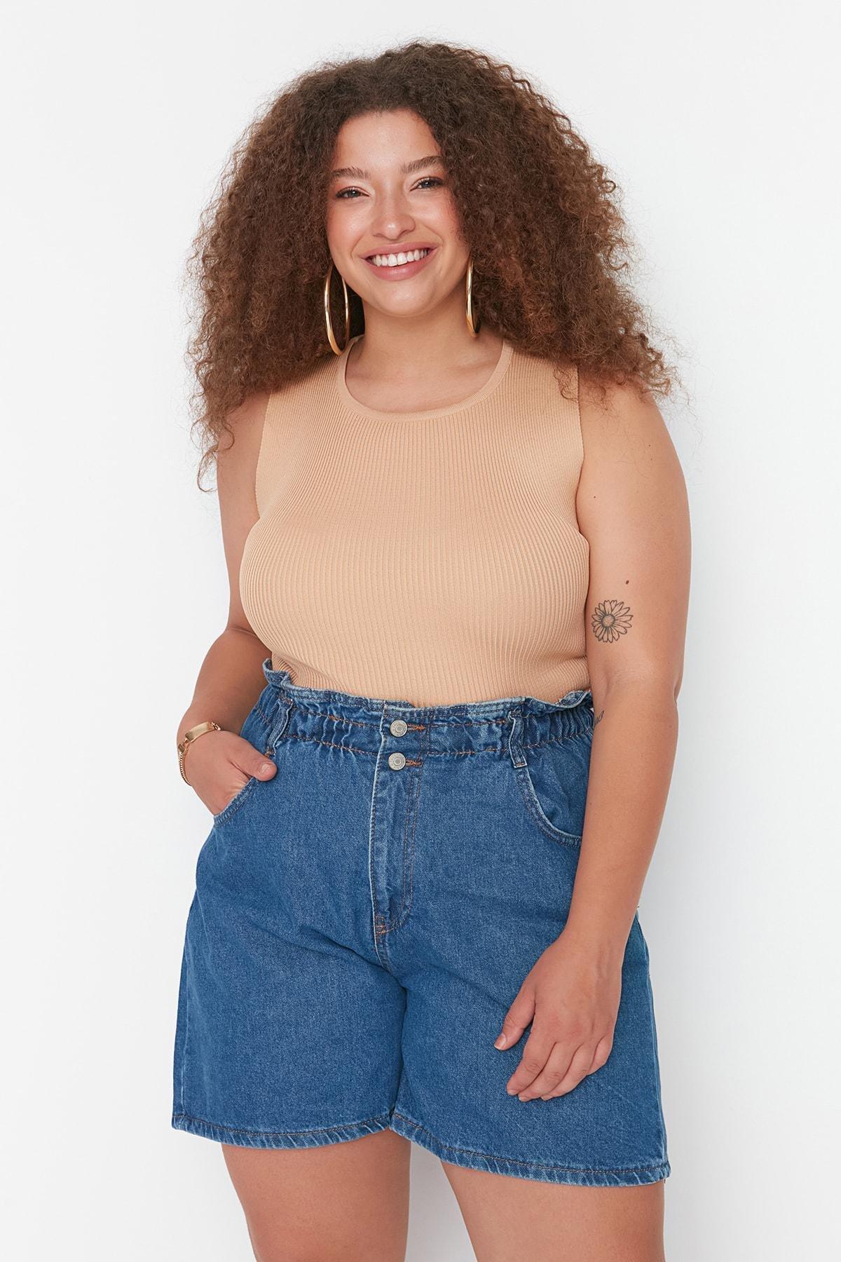 Blue High Waist Plus Size Shorts, , large image number 0