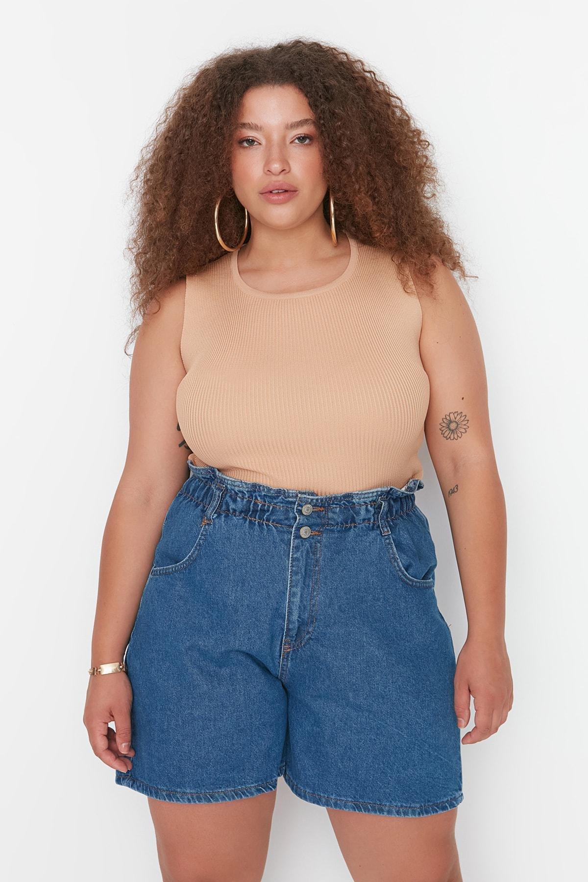 Blue High Waist Plus Size Shorts, , large image number 1