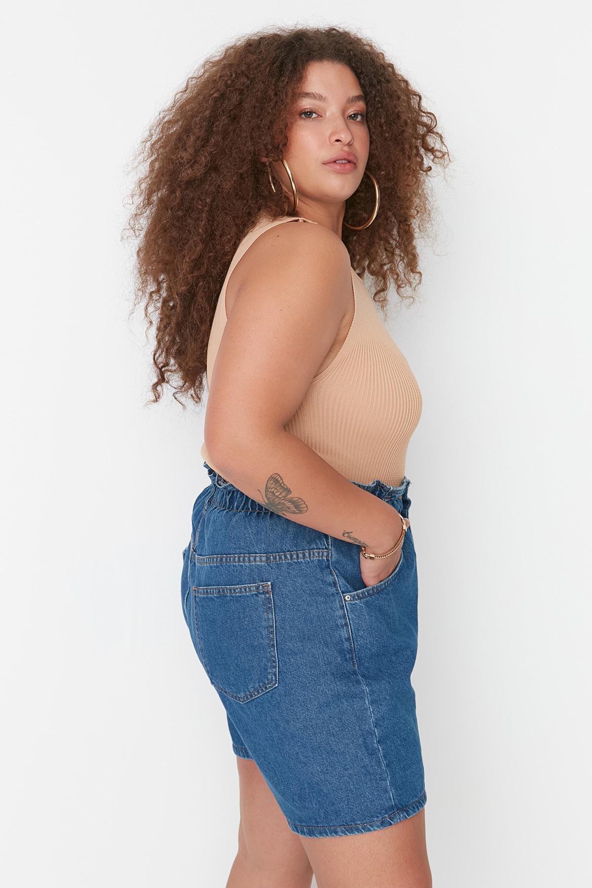 Blue High Waist Plus Size Shorts, , large image number 2