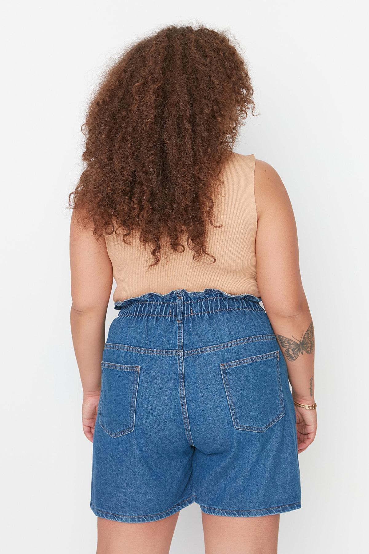 Blue High Waist Plus Size Shorts, , large image number 4