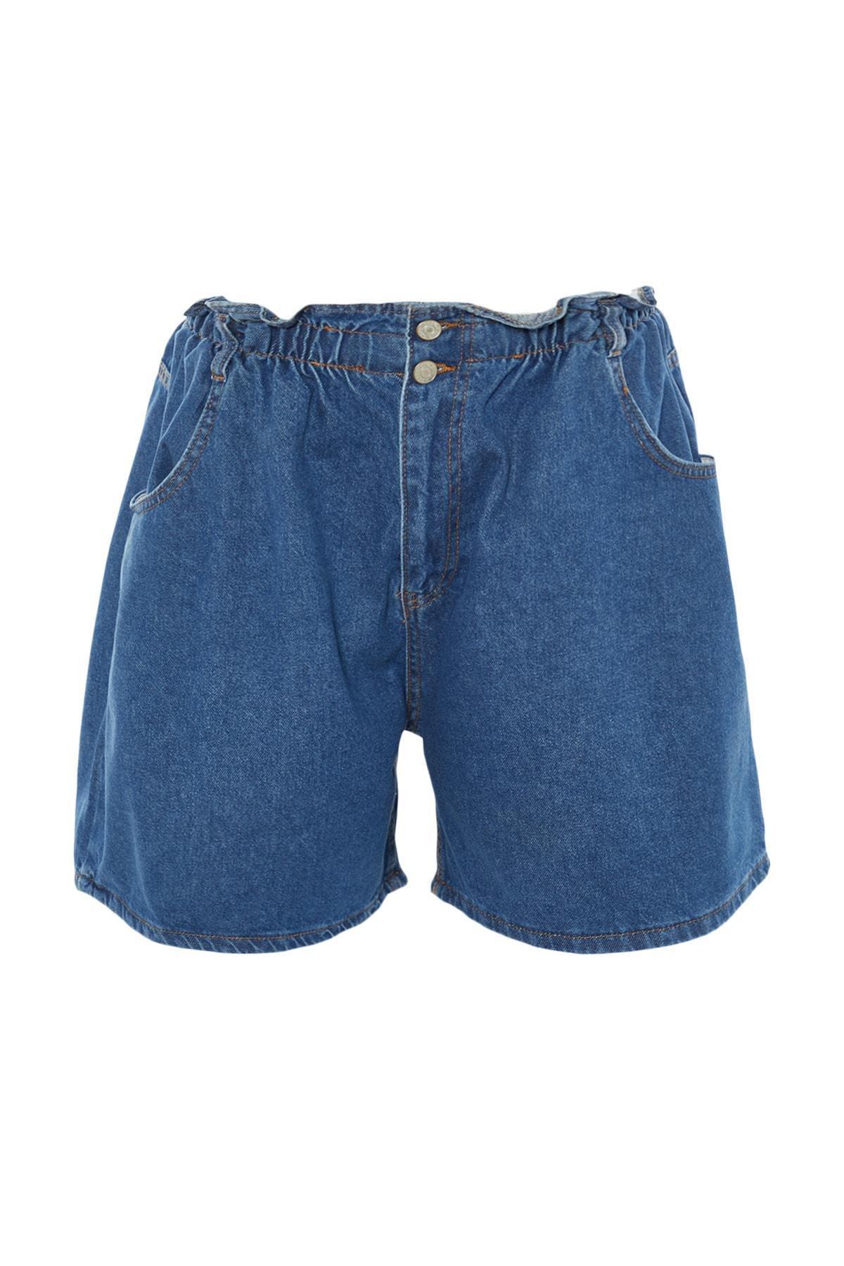 Blue High Waist Plus Size Shorts, , large image number 7