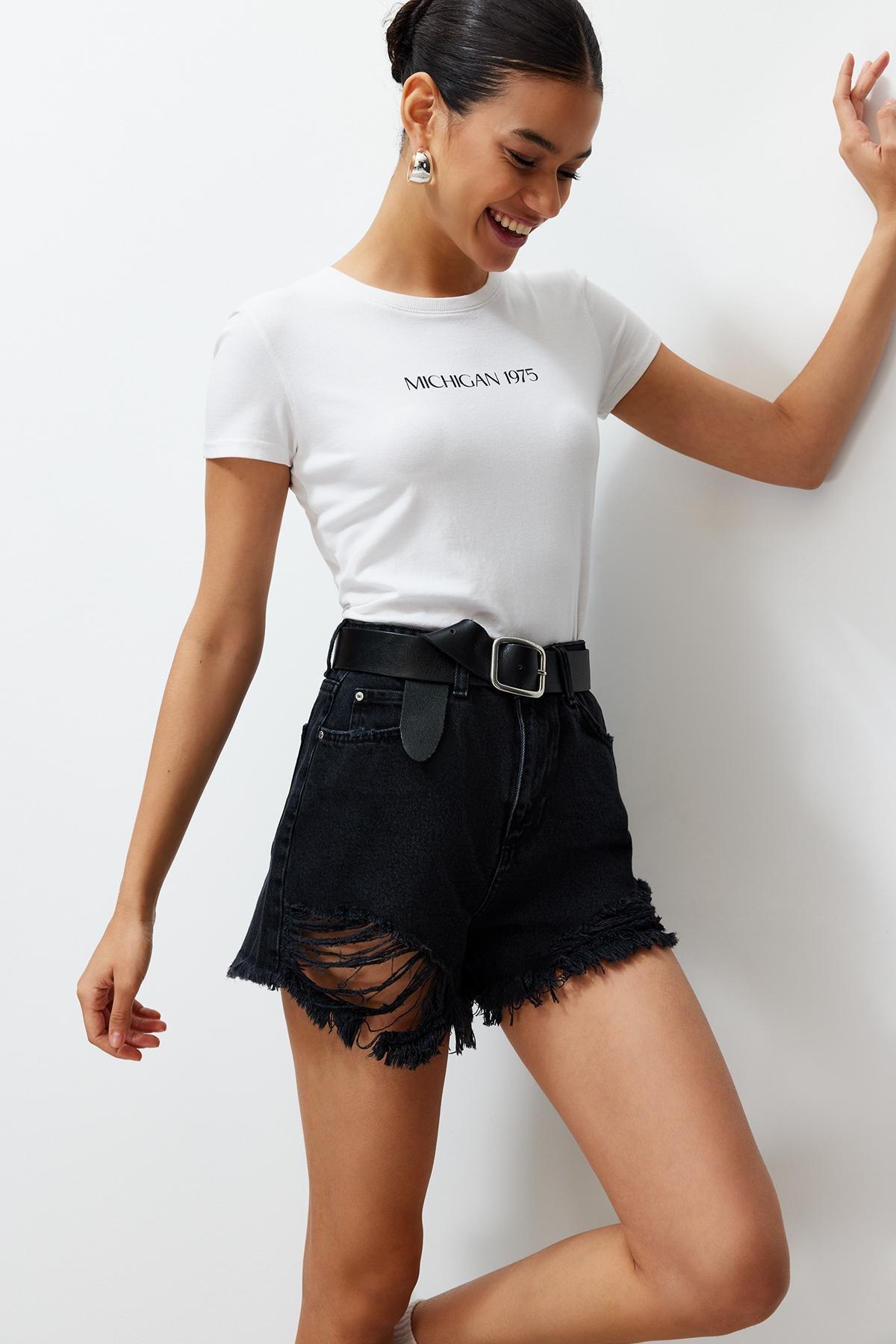 Black High Waist Ripped Denim Shorts TWOSS22SR00030, , large image number 1