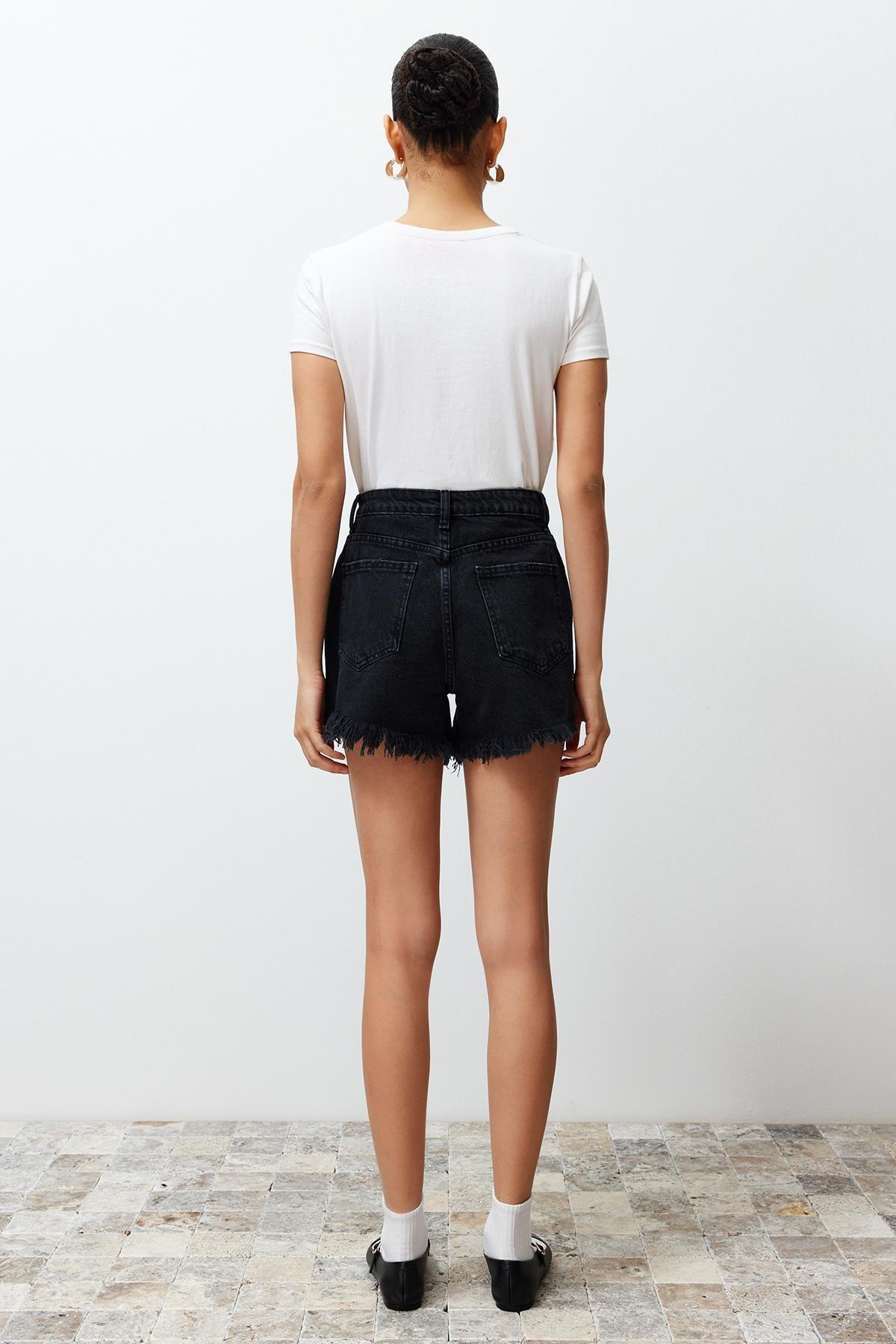 Black High Waist Ripped Denim Shorts TWOSS22SR00030, , large image number 3