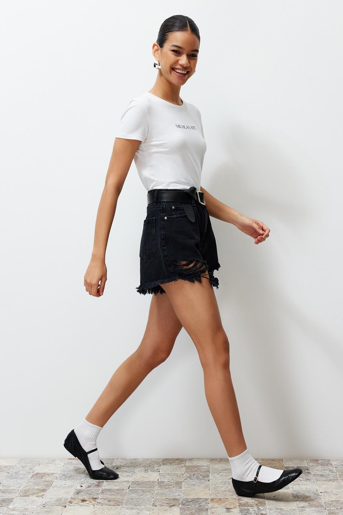Black High Waist Ripped Denim Shorts TWOSS22SR00030, , large image number 6