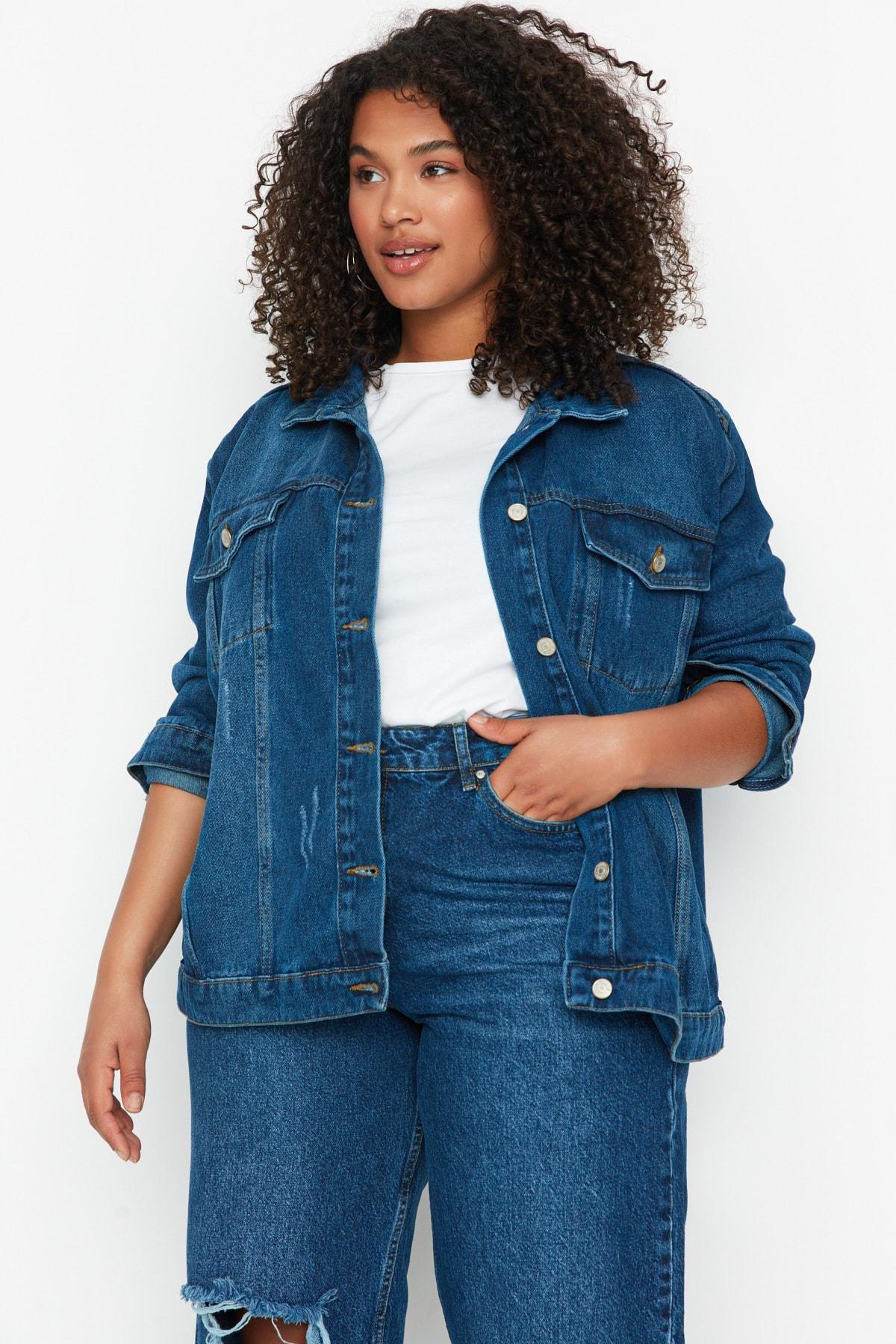 Blue Oversize Plus Size Jacket, , large image number 0