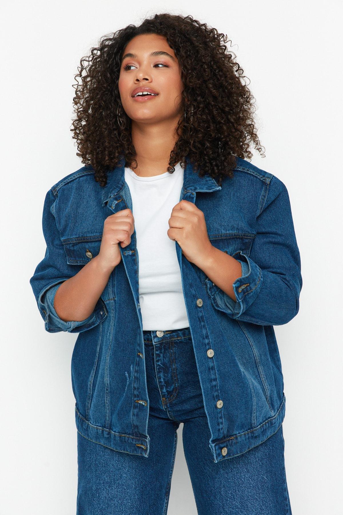 Blue Oversize Plus Size Jacket, , large image number 1