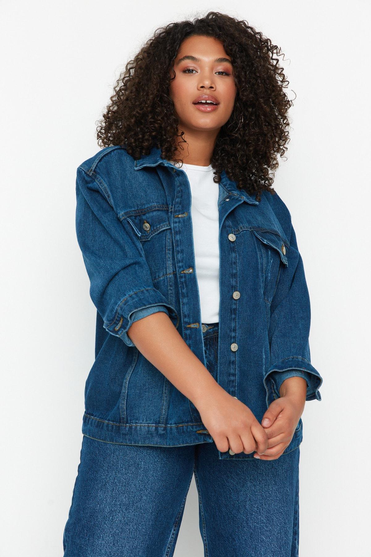 Blue Oversize Plus Size Jacket, , large image number 2