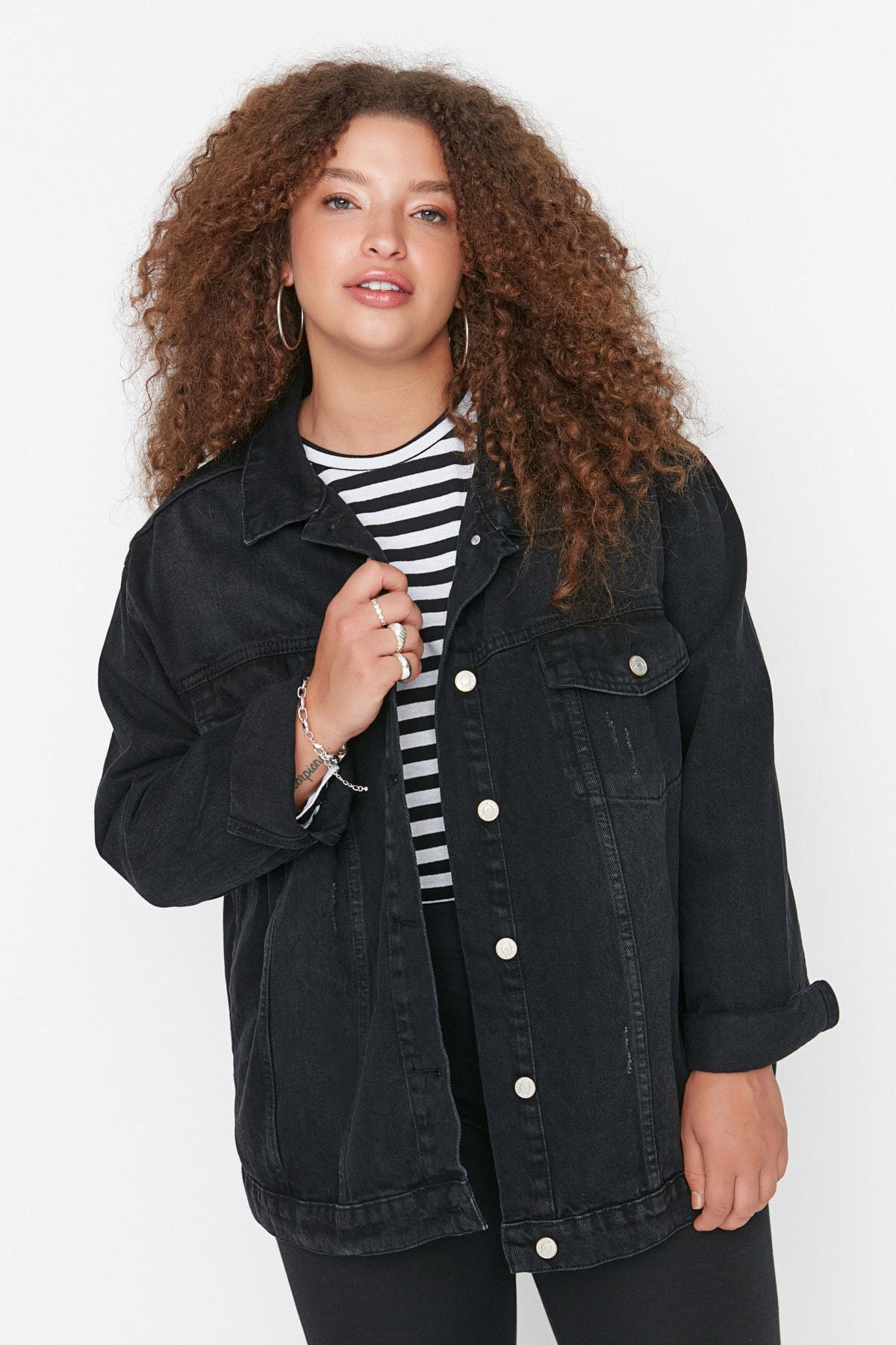 Black Oversize Denim Plus Size Jacket, , large image number 0