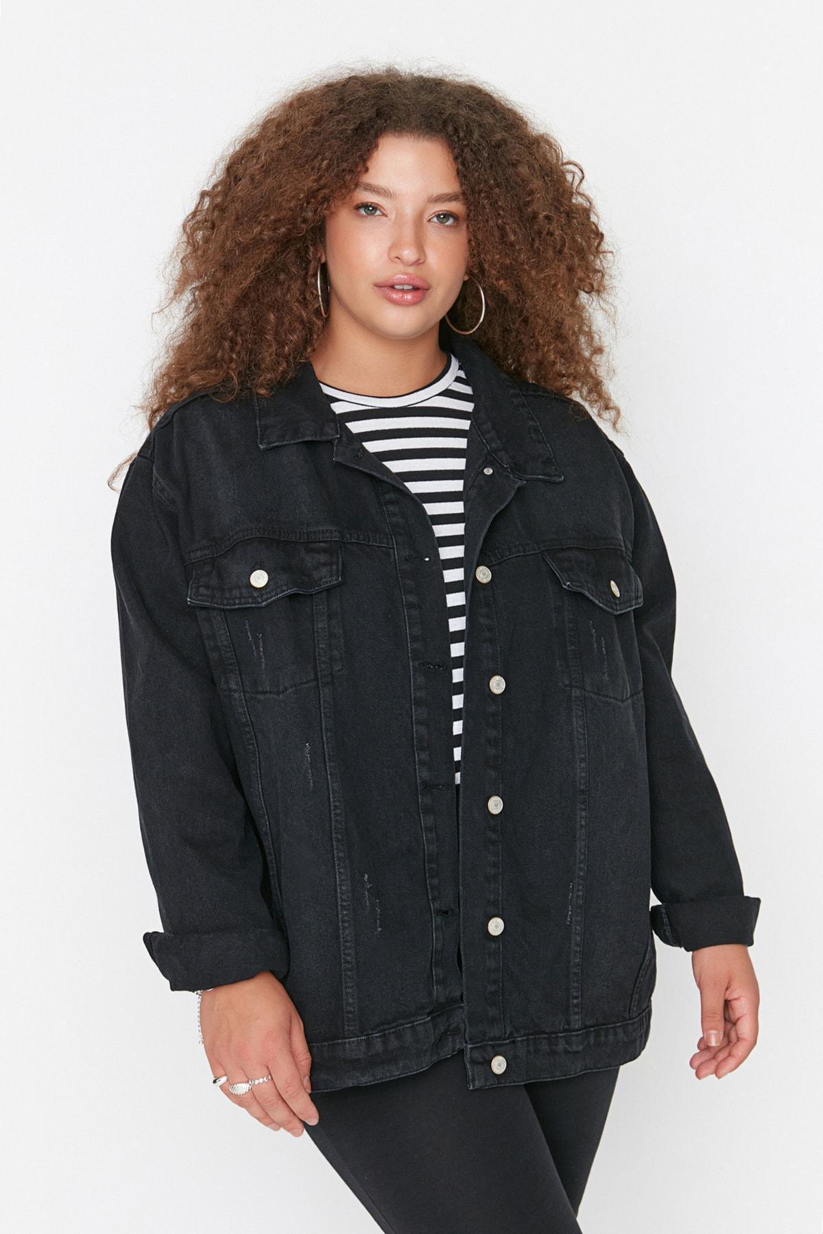 Trendyol - Black Oversize Denim Plus Size Jacket