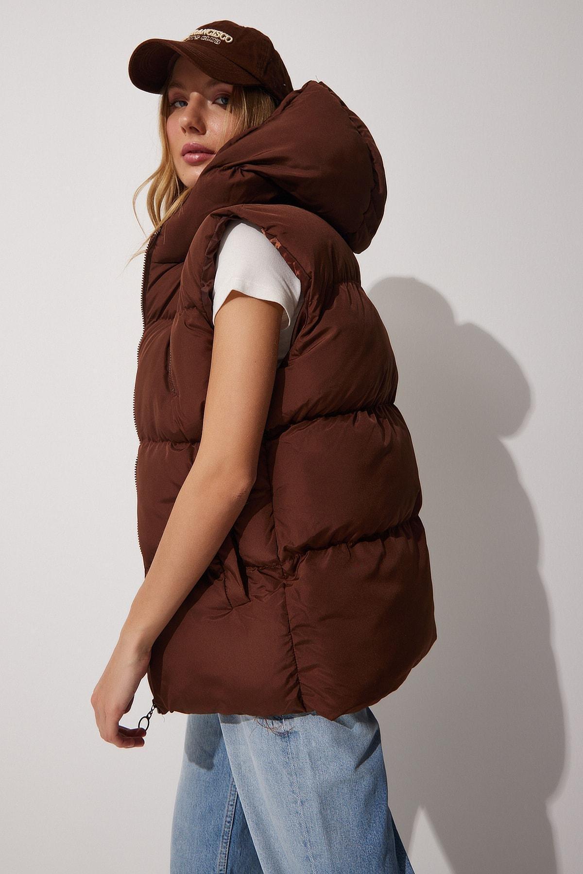 Happiness Istanbul - Brown Hooded Puffer Vest