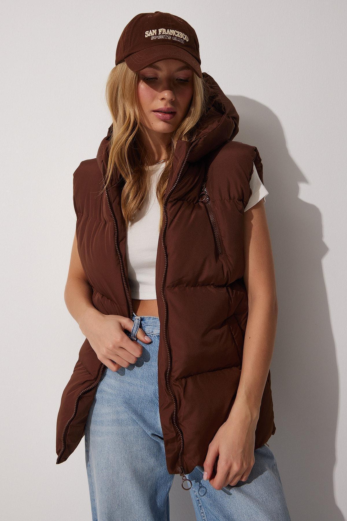 Happiness Istanbul - Brown Hooded Puffer Vest