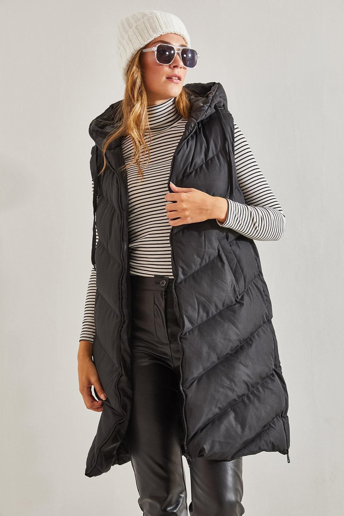 Side Zipper Long Puffer Vest, , large image number 0