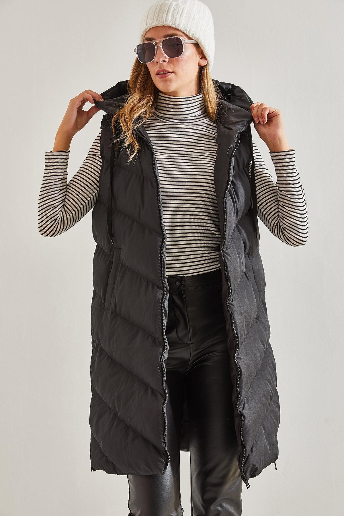 Side Zipper Long Puffer Vest, , large image number 2