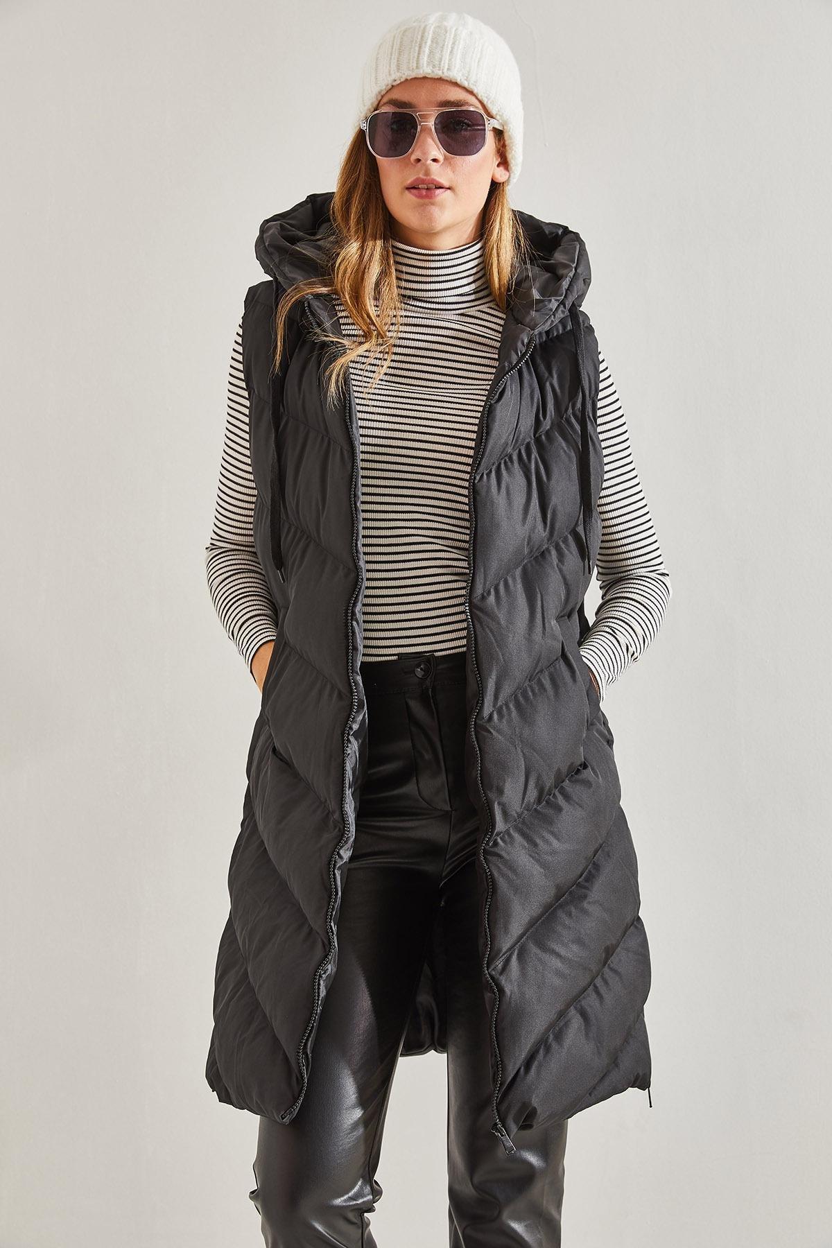 Side Zipper Long Puffer Vest, , large image number 3