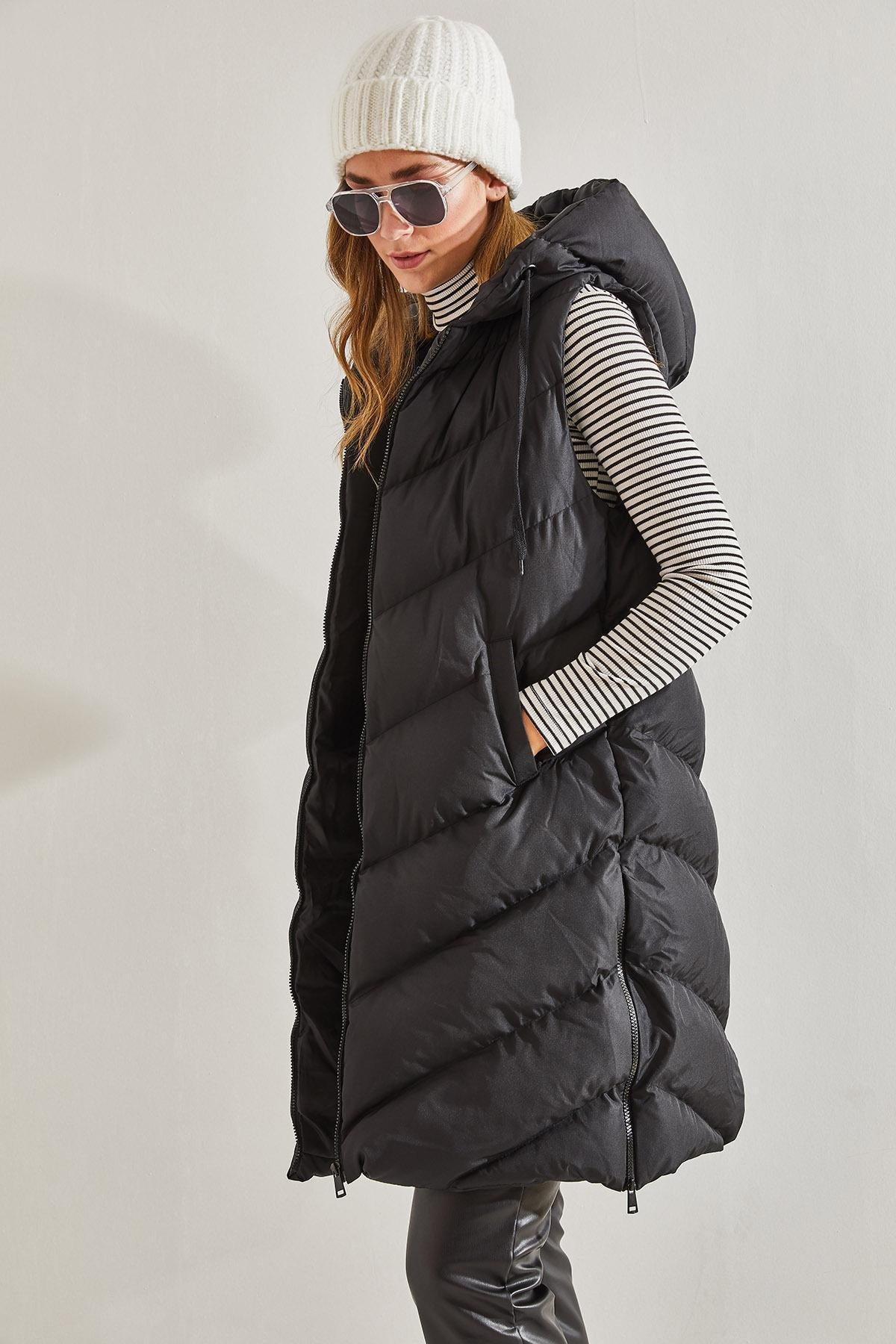 Side Zipper Long Puffer Vest, , large image number 4