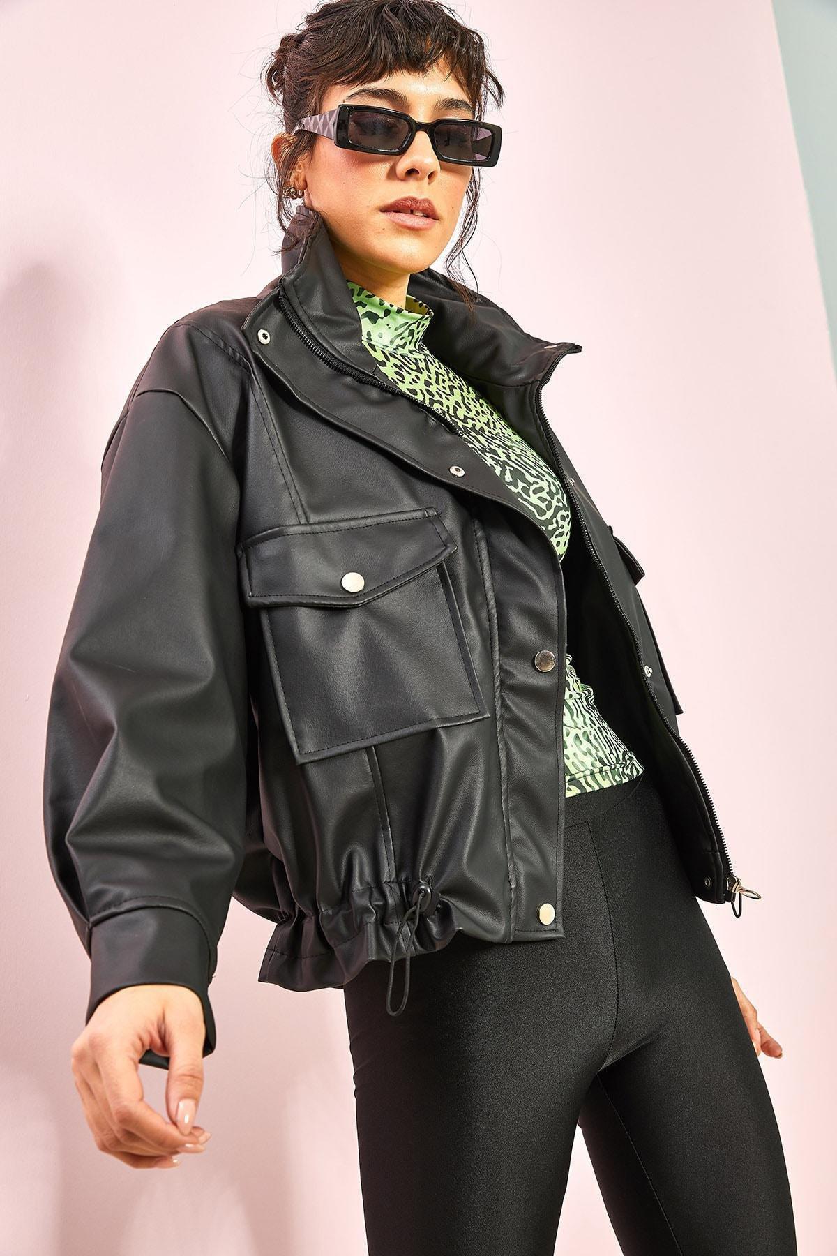 Black Double Big Pocket Leather Jacket, , large image number 3
