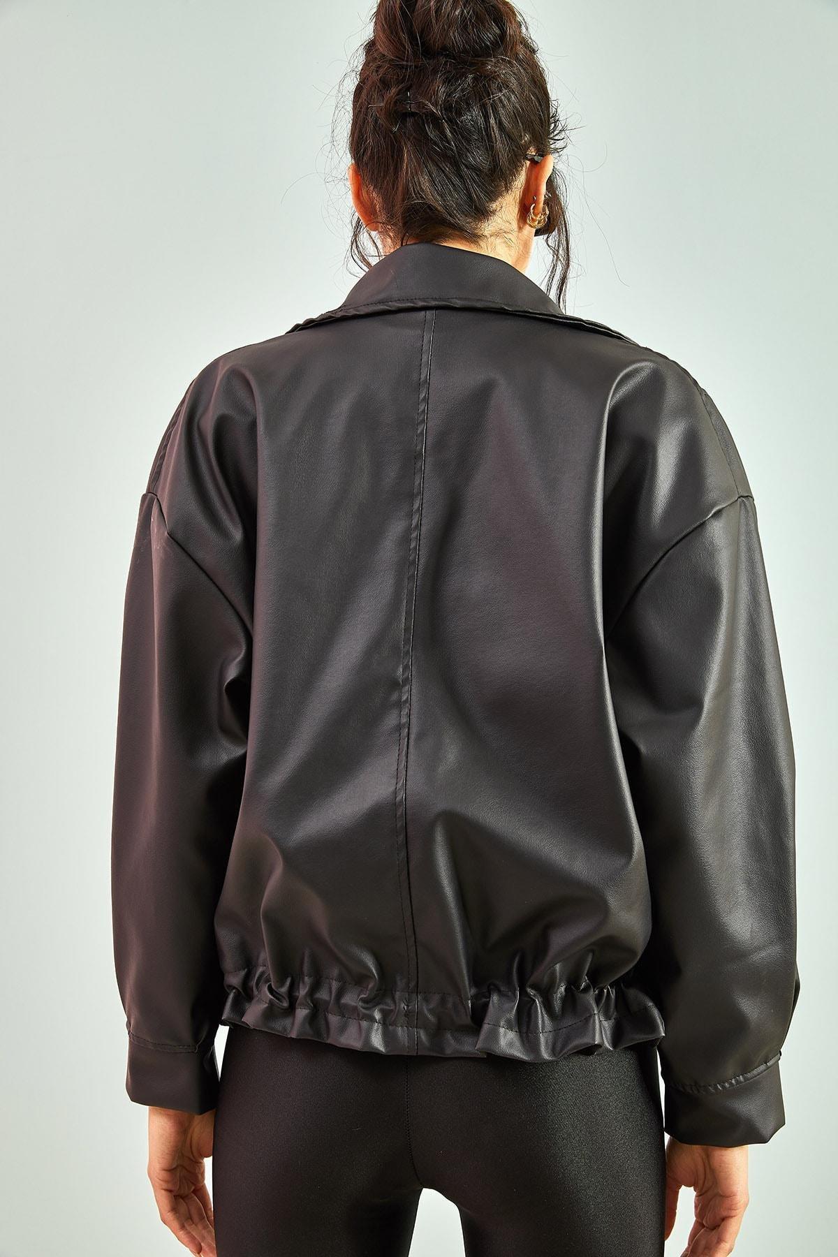Black Double Big Pocket Leather Jacket, , large image number 4