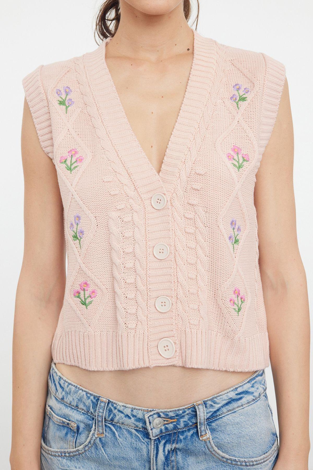 Flower Embroidery Knit Vest, POWDER, large image number 2