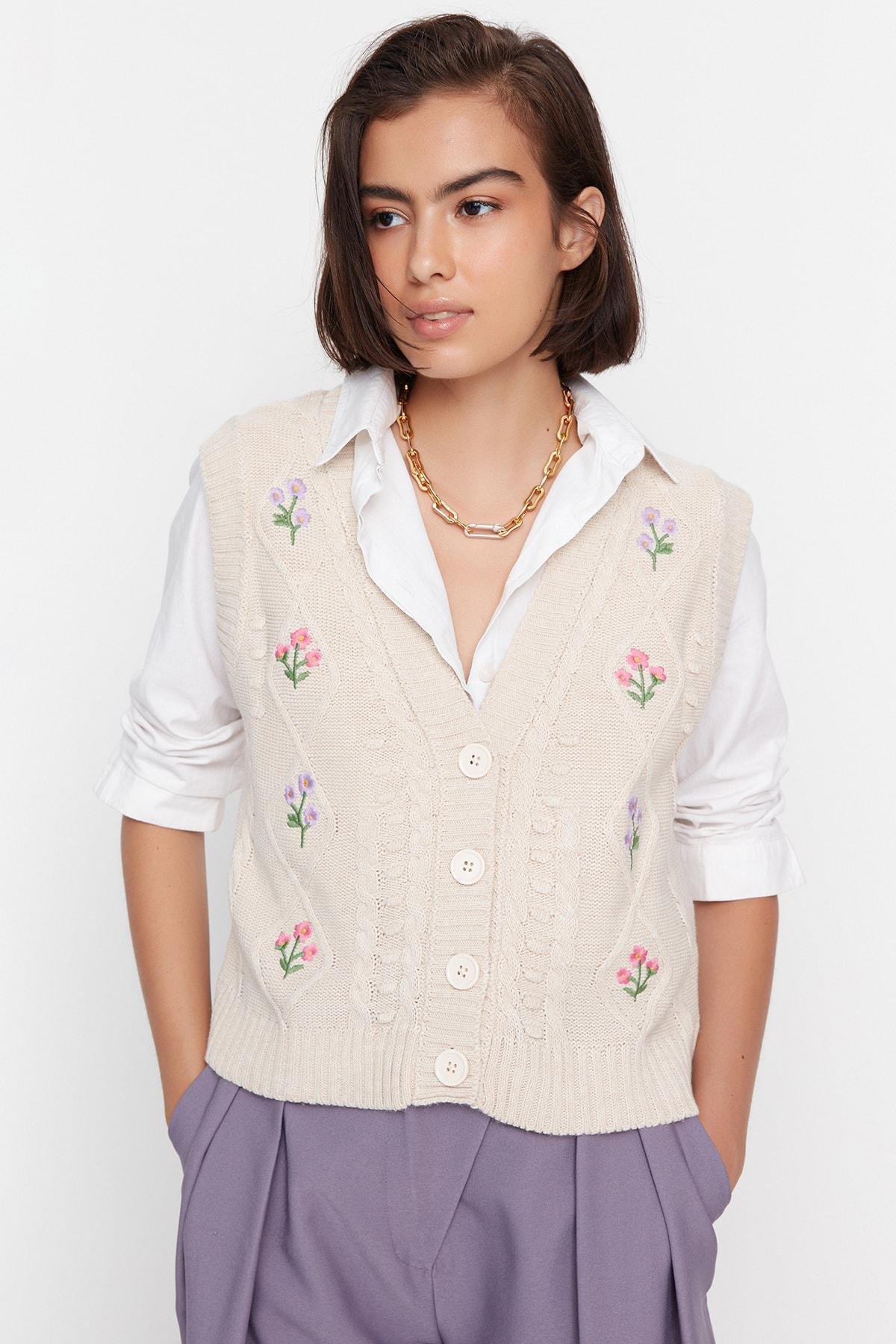 Beige Floral Sweater Vest, , large image number 0