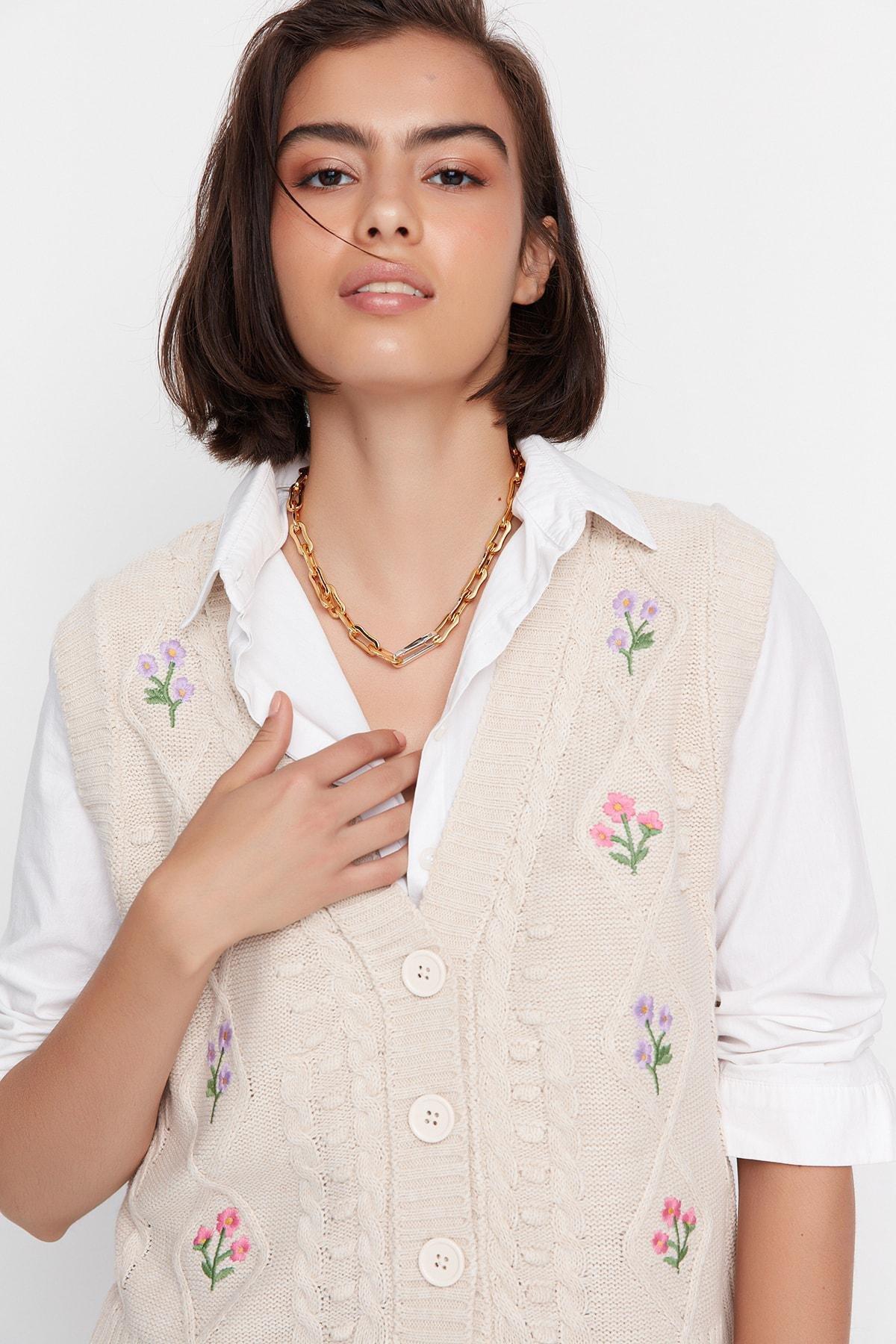 Beige Floral Sweater Vest, , large image number 1