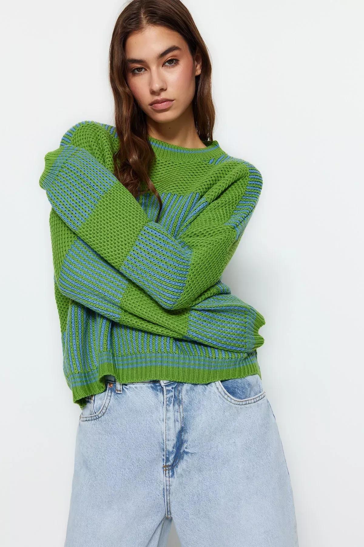 Green Colourblock Sweater, Green, medium