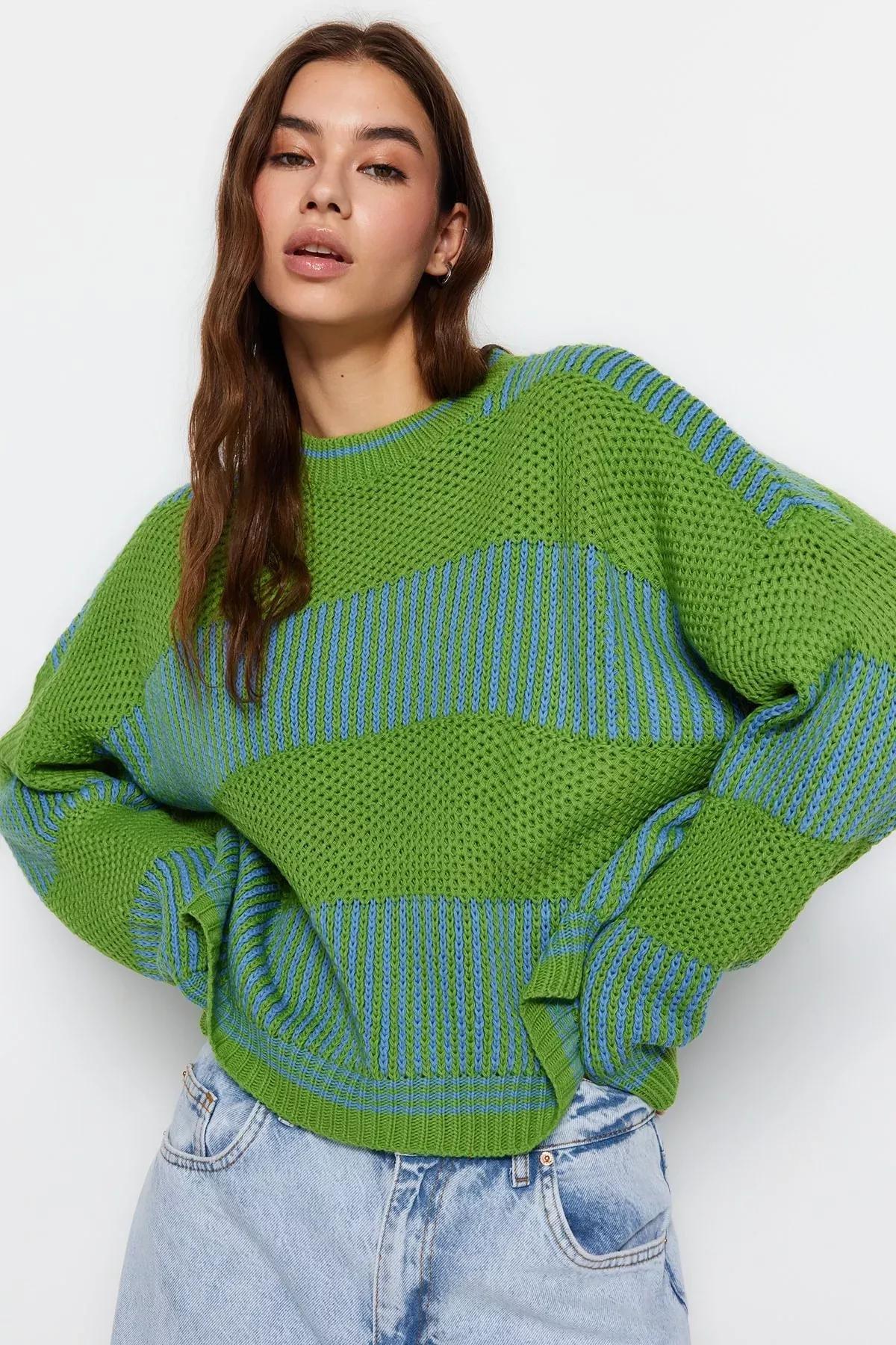 Green Colourblock Sweater, Green, medium