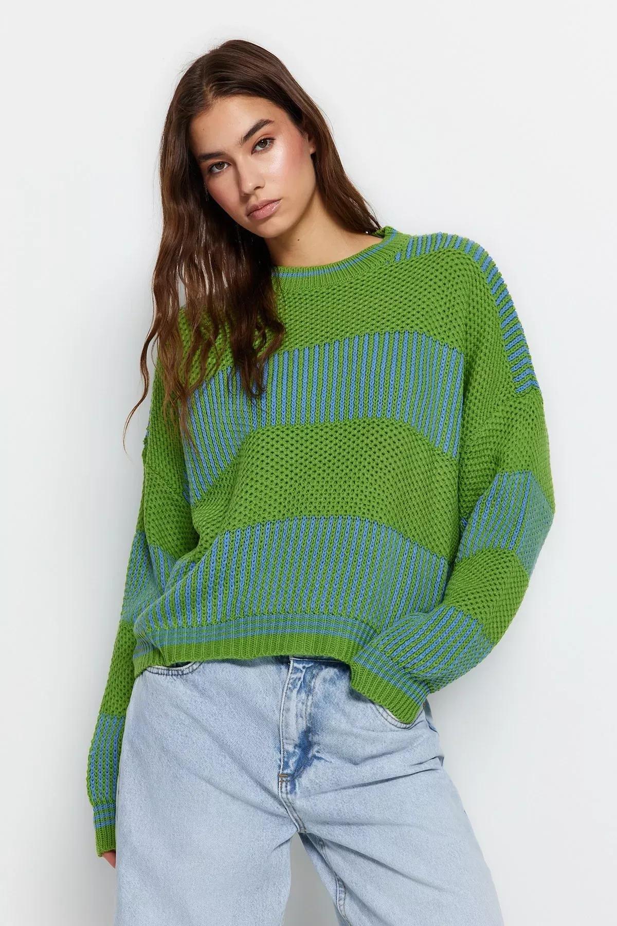 Green Colourblock Sweater, Green, medium