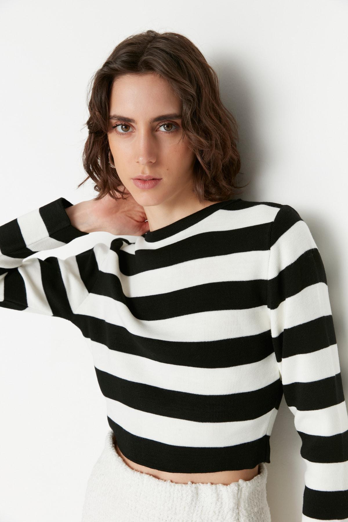 Black Striped Slim Sweater, , large image number 0