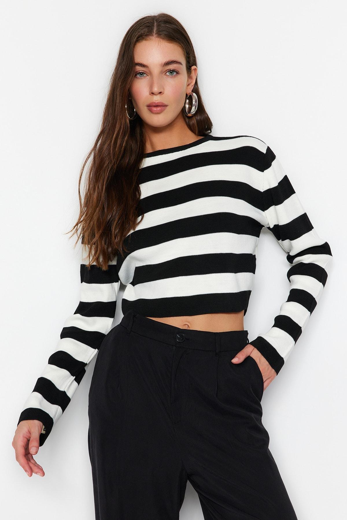 Black Striped Slim Sweater, , large image number 1