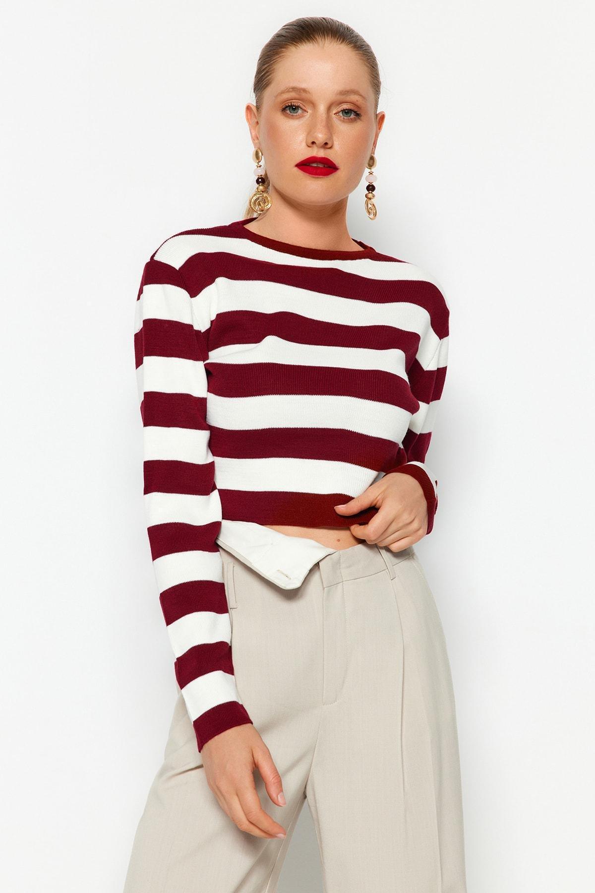 Burgundy Striped Slim Sweater, , large image number 0