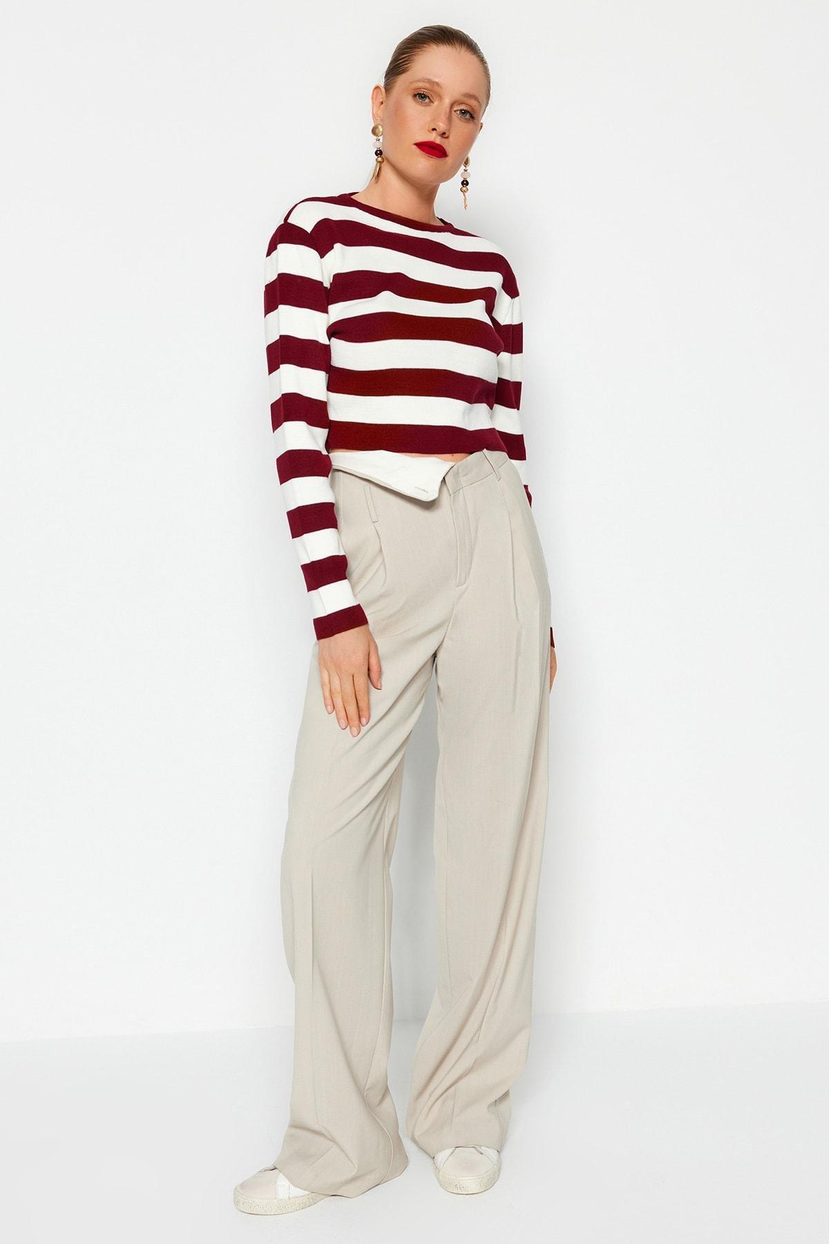 Burgundy Striped Slim Sweater, , large image number 1