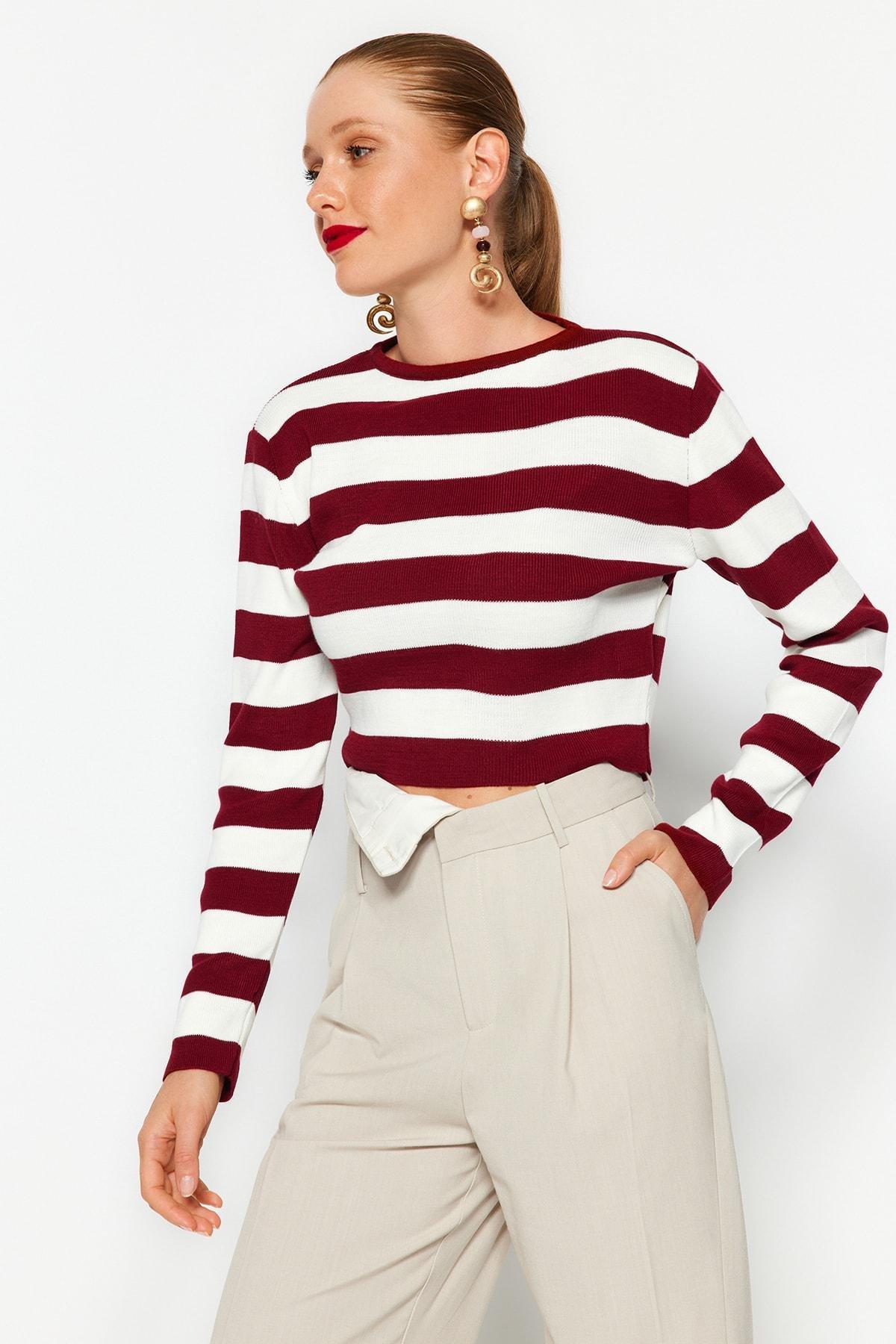 Burgundy Striped Slim Sweater, , large image number 2