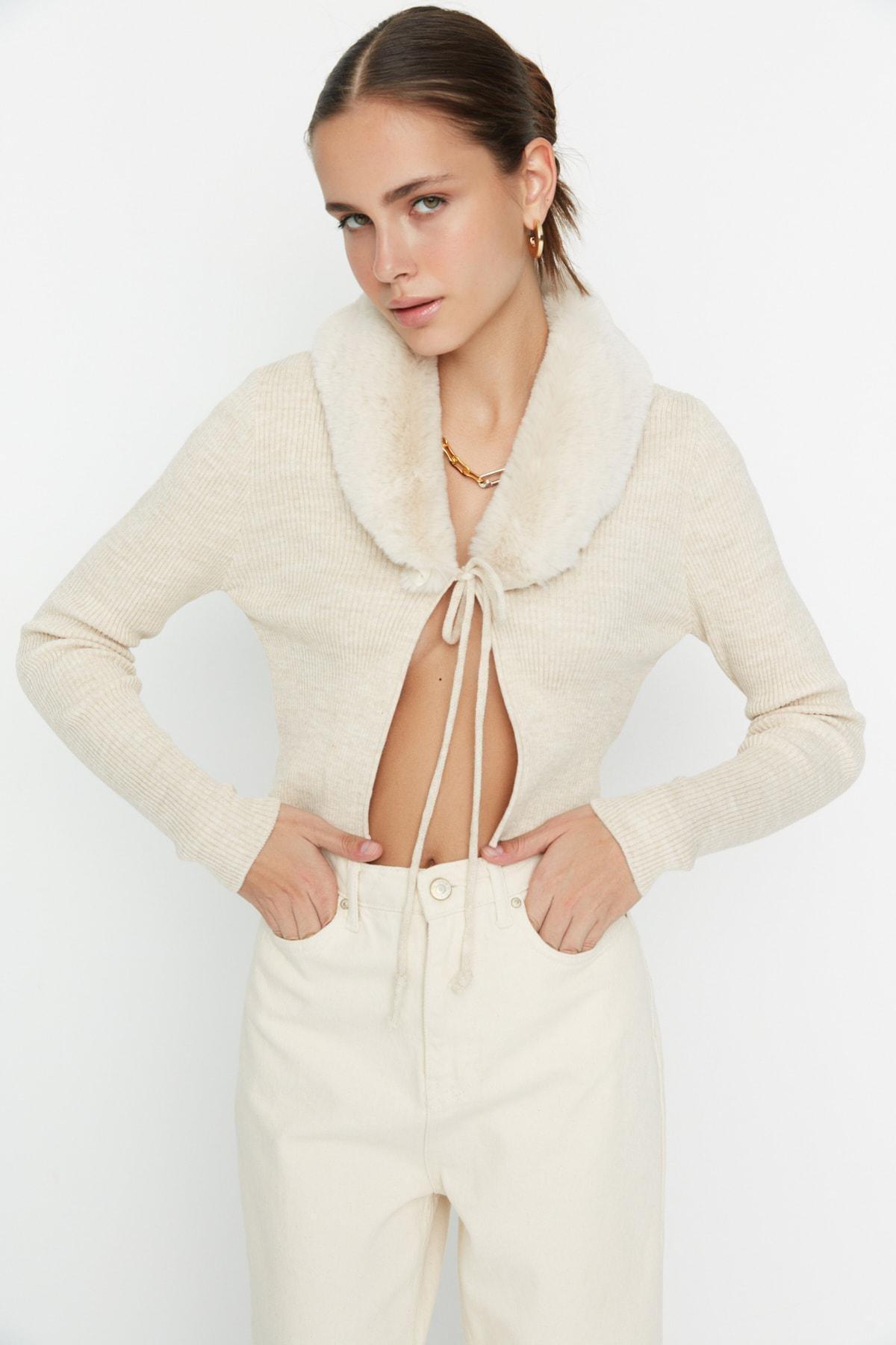Beige V Neck Cardigan, , large image number 1