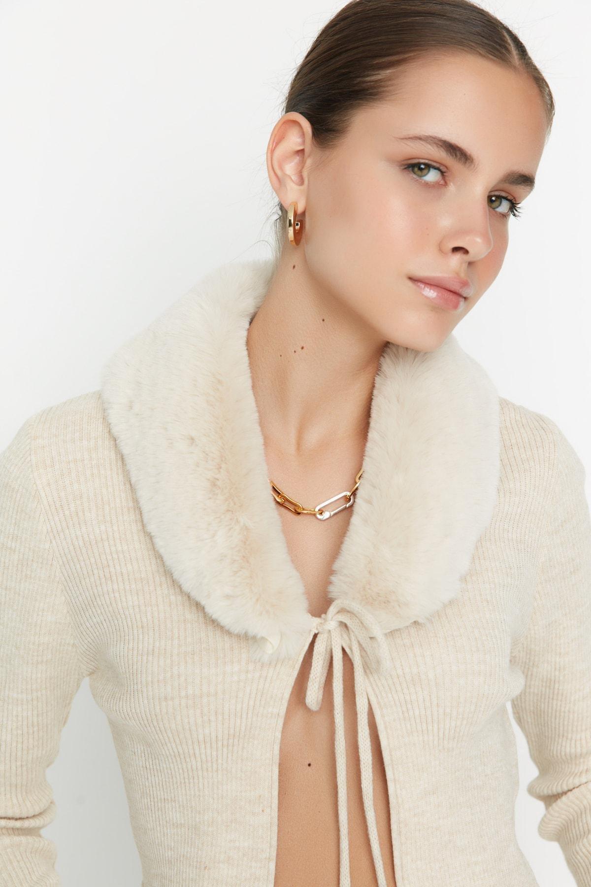 Beige V Neck Cardigan, , large image number 2