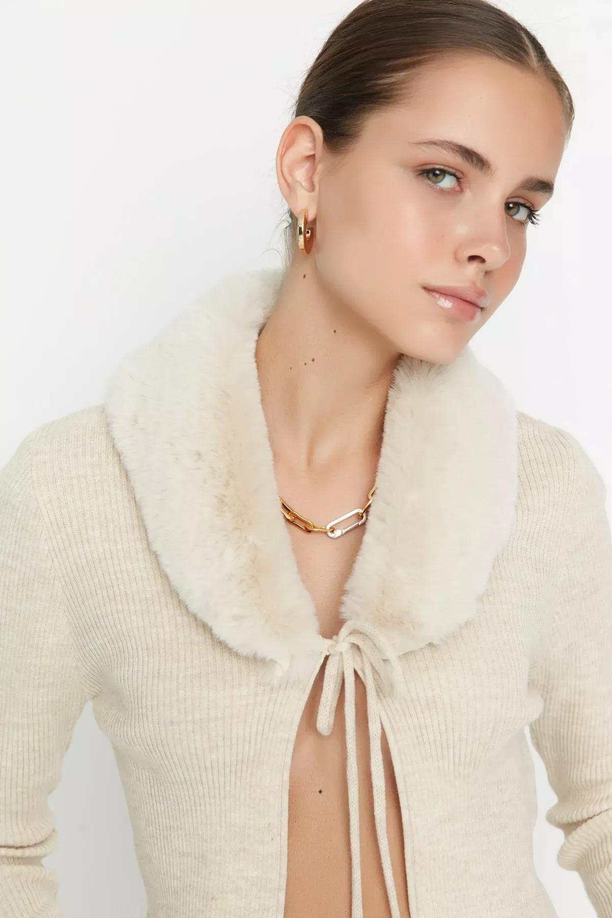 Beige V Neck Cardigan, , large image number 2